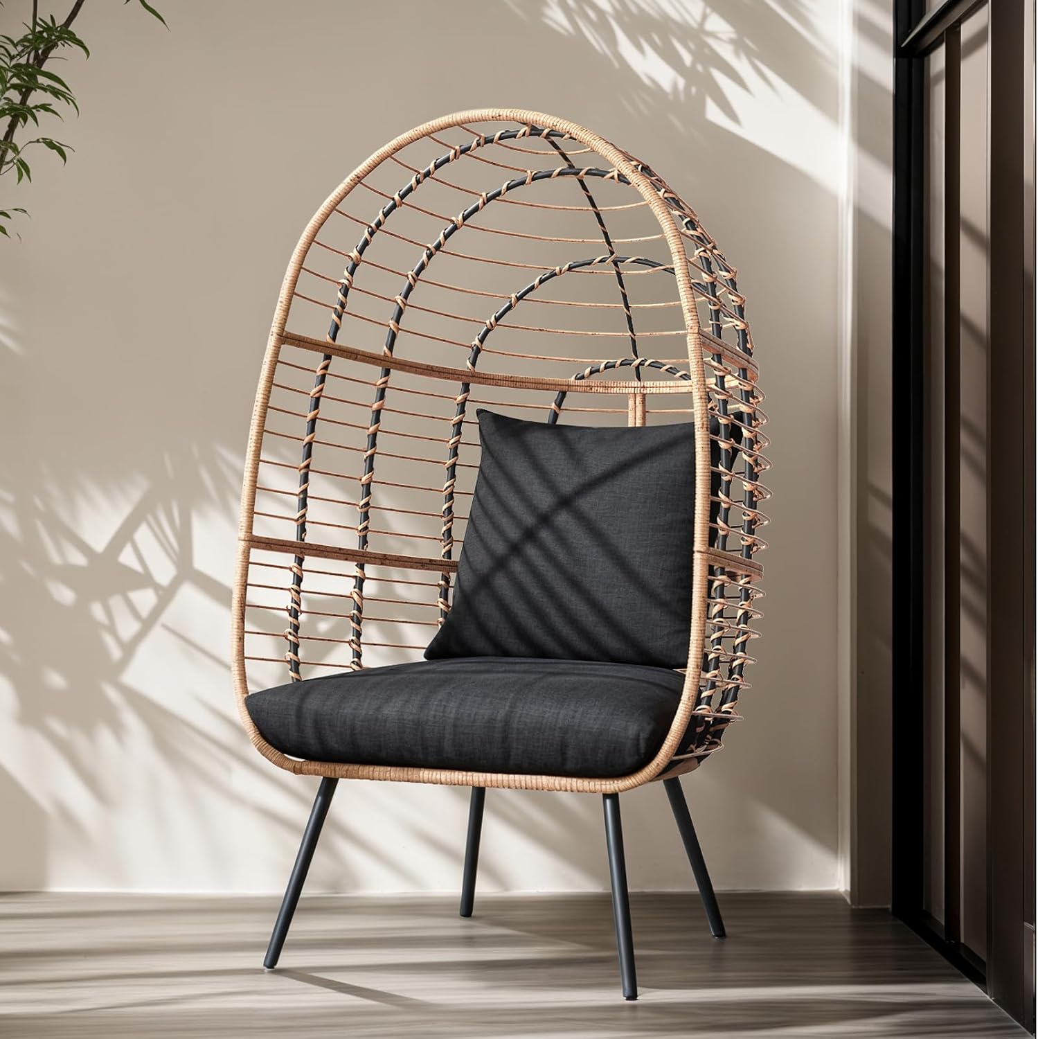 JOIVI Wicker Egg Chair, Oversized Indoor Outdoor Lounger Large Egg Basket Chair with Stand and Cushions for Patio Porch, Backyard, Living Room, Balcony (Beige Rattan, Black Cushion)