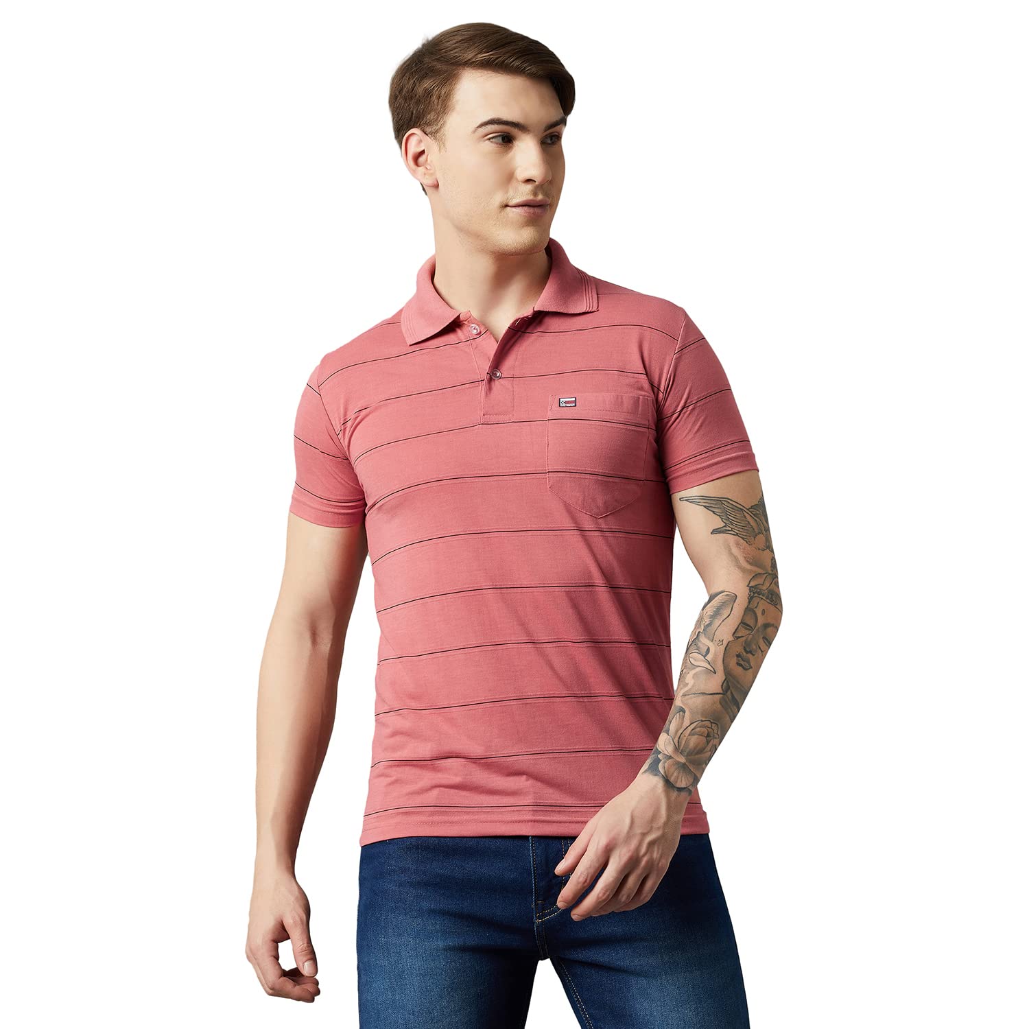 DISTORTION CREW Men's Half Sleeve Striped Collared Neck T-Shirt
