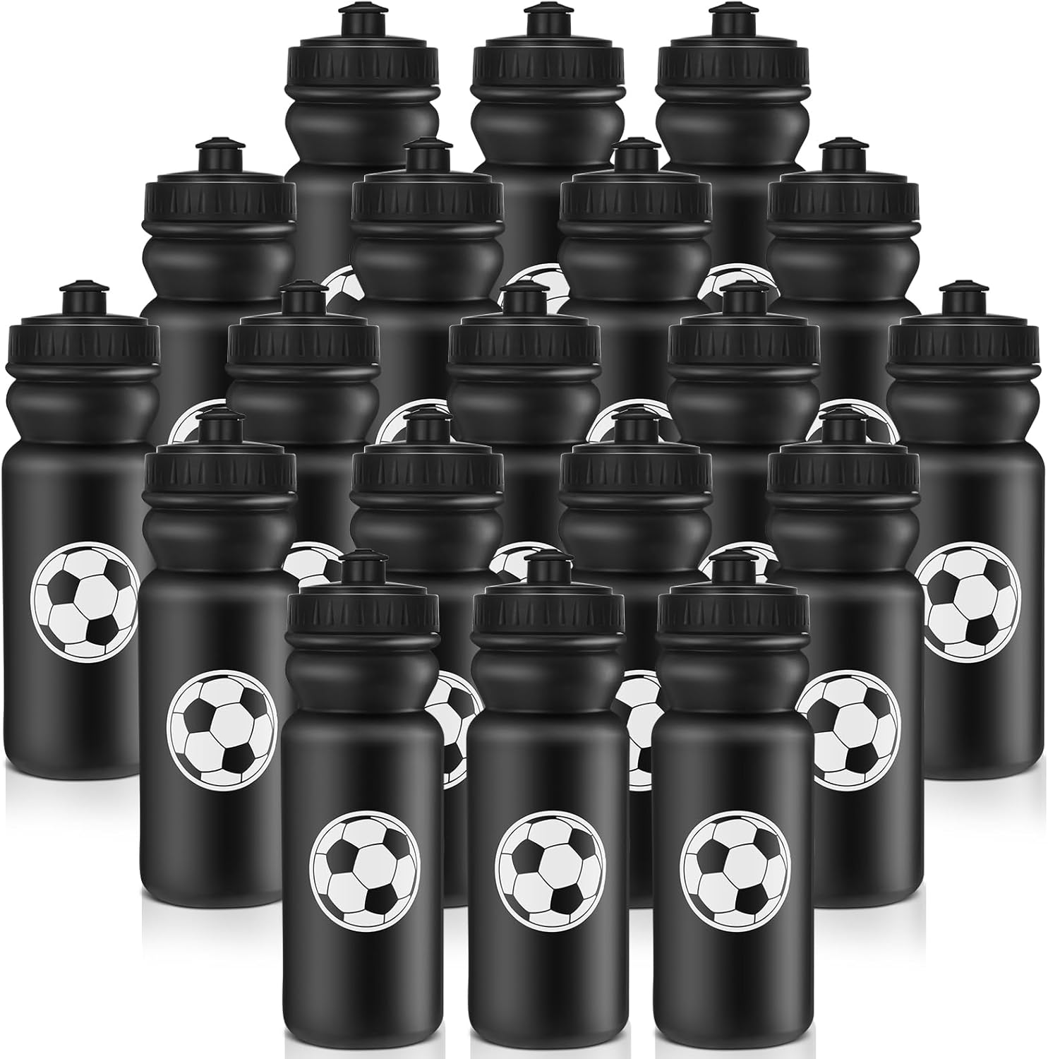 Nitial 20 Pack Soccer Squeeze Water Bottle Bulk 20 oz Sports Bottle with Pull Top Lid Plastic Reusable Gifts Tumbler for Sports Travel Gym Party Supplies (Black)