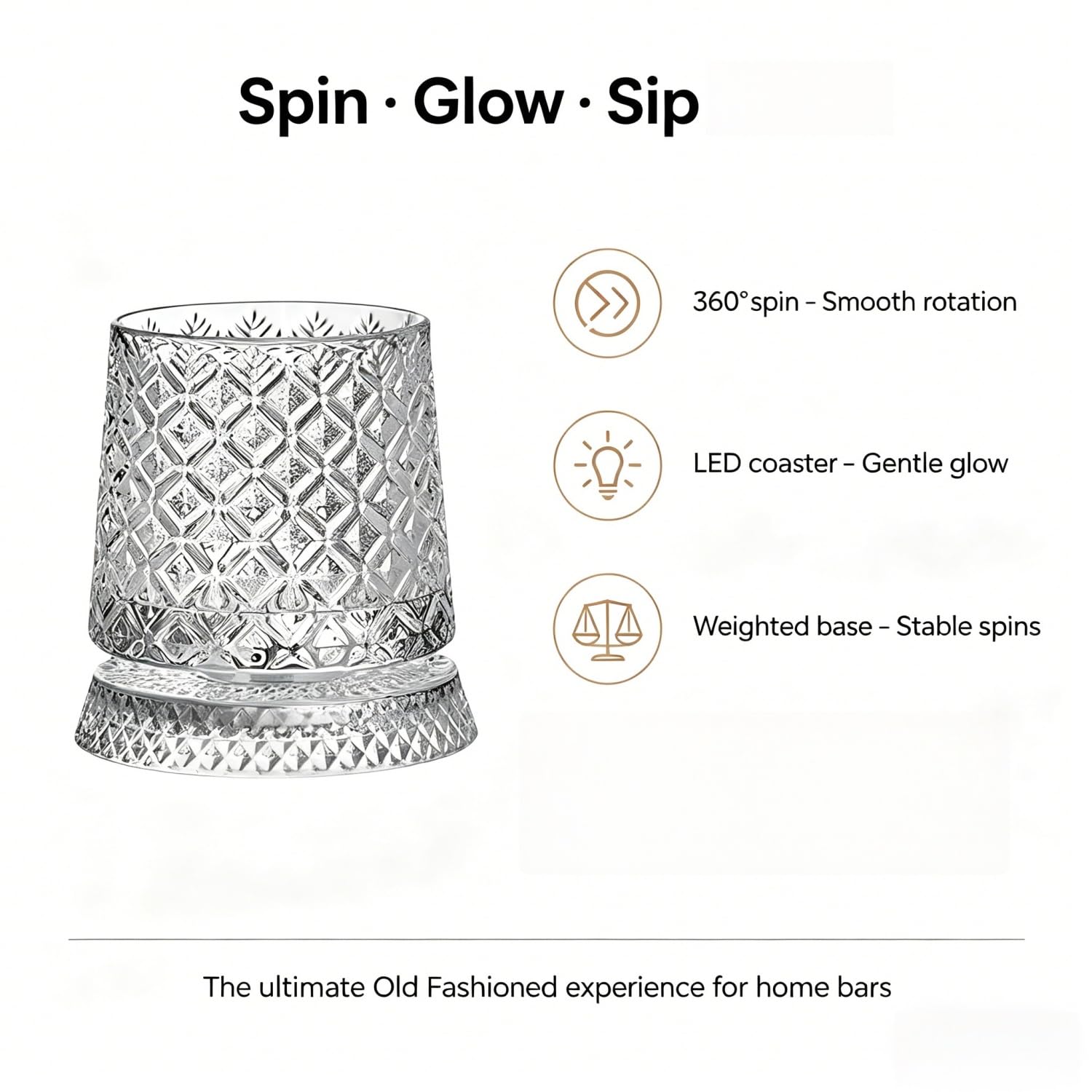 Bicchieri da whisky rotanti a 360°, con sottobicchieri luminosi a LED, bicchieri trasparenti rotanti da 270 ml, per scotch e bourbon, bicchieri da cocktail per feste a casa, regalo per gli amanti del