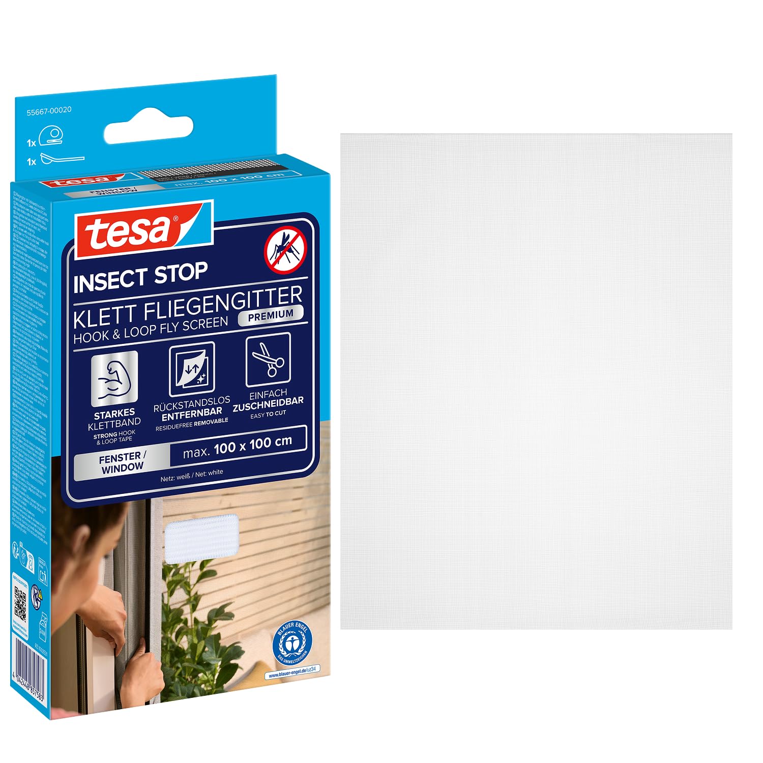 Tesa Uk 55667-00020-00 Mosquito And Fly Screen Hook And Loop Comfort For Windows, Removable, Easy-On And Easy-Off Insect Screen, White, 1 X 1 M 4042448857583