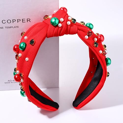 Miniatura 3 de Diadema con nudo rojo de Navidad, diadema de perlas y joyas para mujer, elegante diadema de nudo ancho para mujer, regalo de fiesta de vacaciones