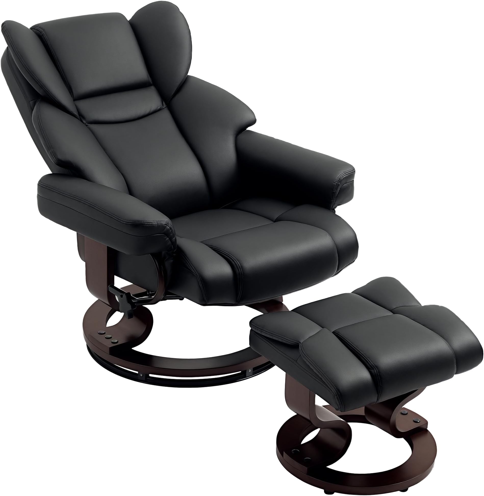 HOMCOM 360° Swivel Recliner Chair with Footstool, PU Leather Manual Recliner Armchair with Footstool, Solid Wood Base, Upholstered Reclining Chair for Living Room, Bedroom, Office, Black