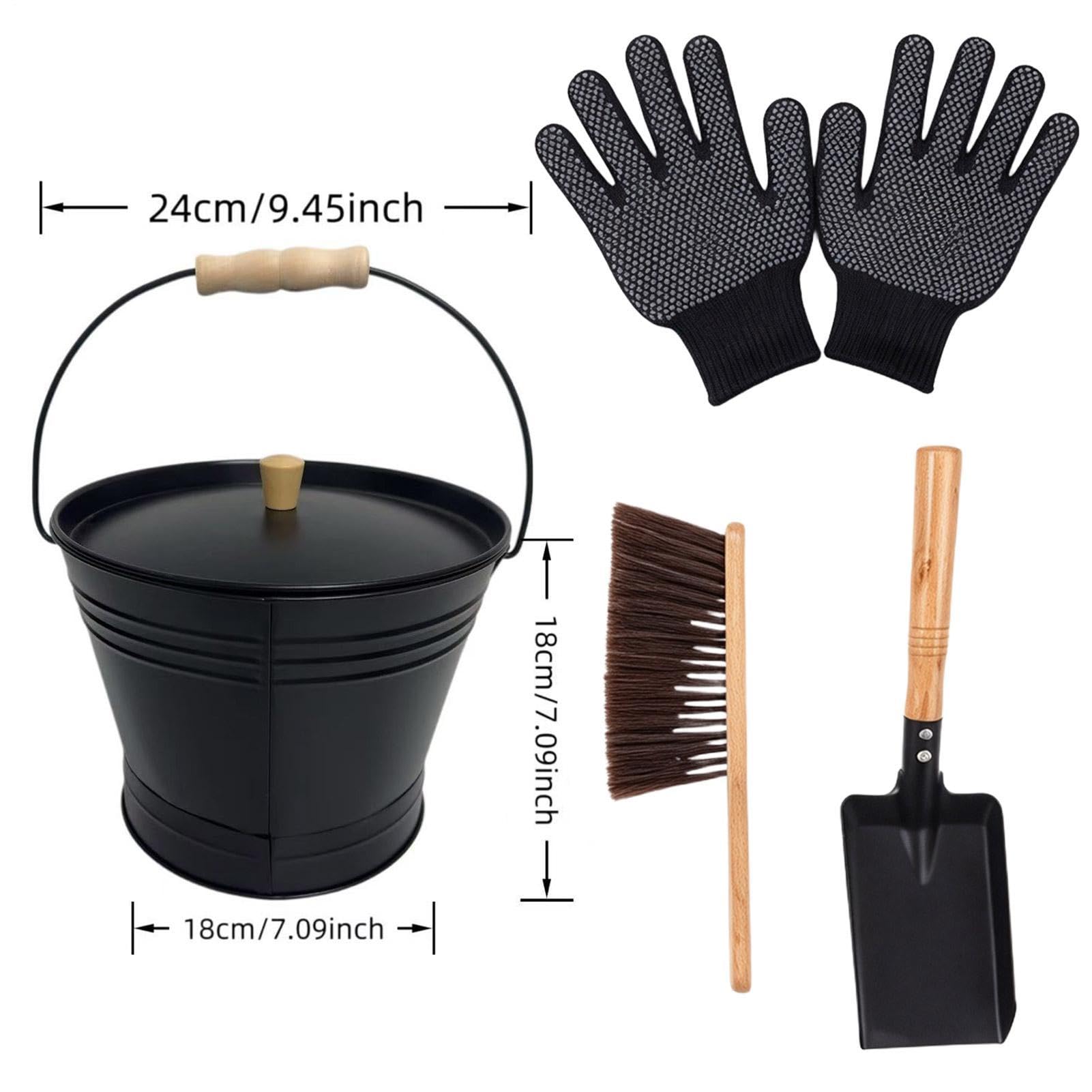 Ascheeimer mit Deckel 10 L Schaufel Handbesen Handschuhe Inklusive