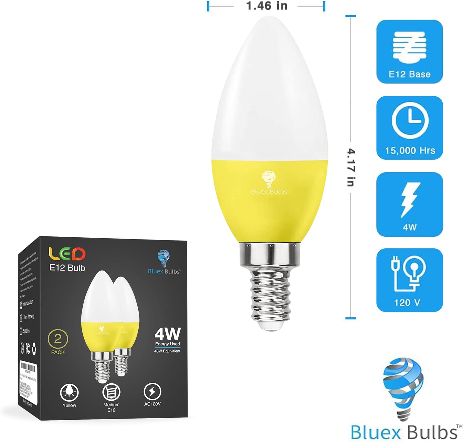2 Pack BlueX LED Yellow Light Bulb - 4W (40Watt Equivalent) - E12 Base Yellow LED Pink Bulb, Party Decoration, Porch, Home Lighting, Holiday Lighting, Chandelier Light Bulbs, Candelabra Bulbs