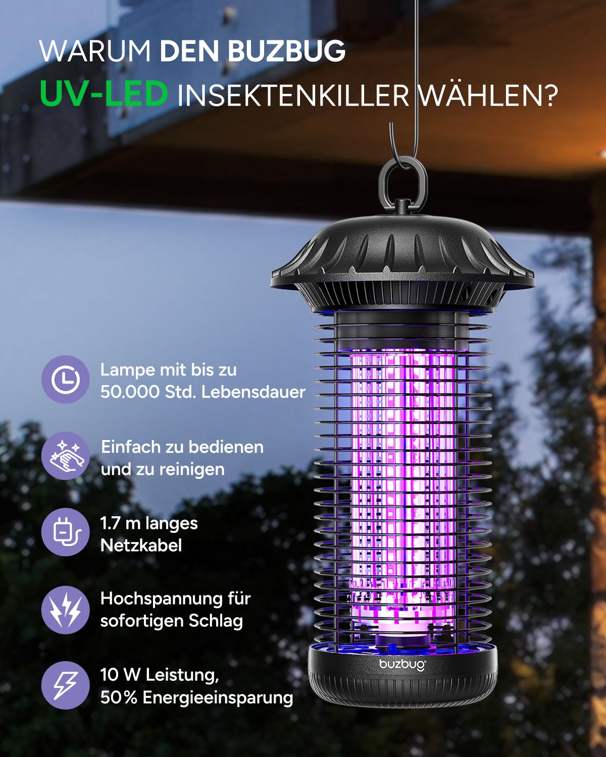 Buzbug LED Insektenvernichter elektrisch innen & außen, bis zu 50.000 Std., Dual-Band-Anziehung, 1,7 m Netzkabel, Hochspannung Fliegenfalle elektrisch & Mückenlampe, Insektenlampe, MO-008C