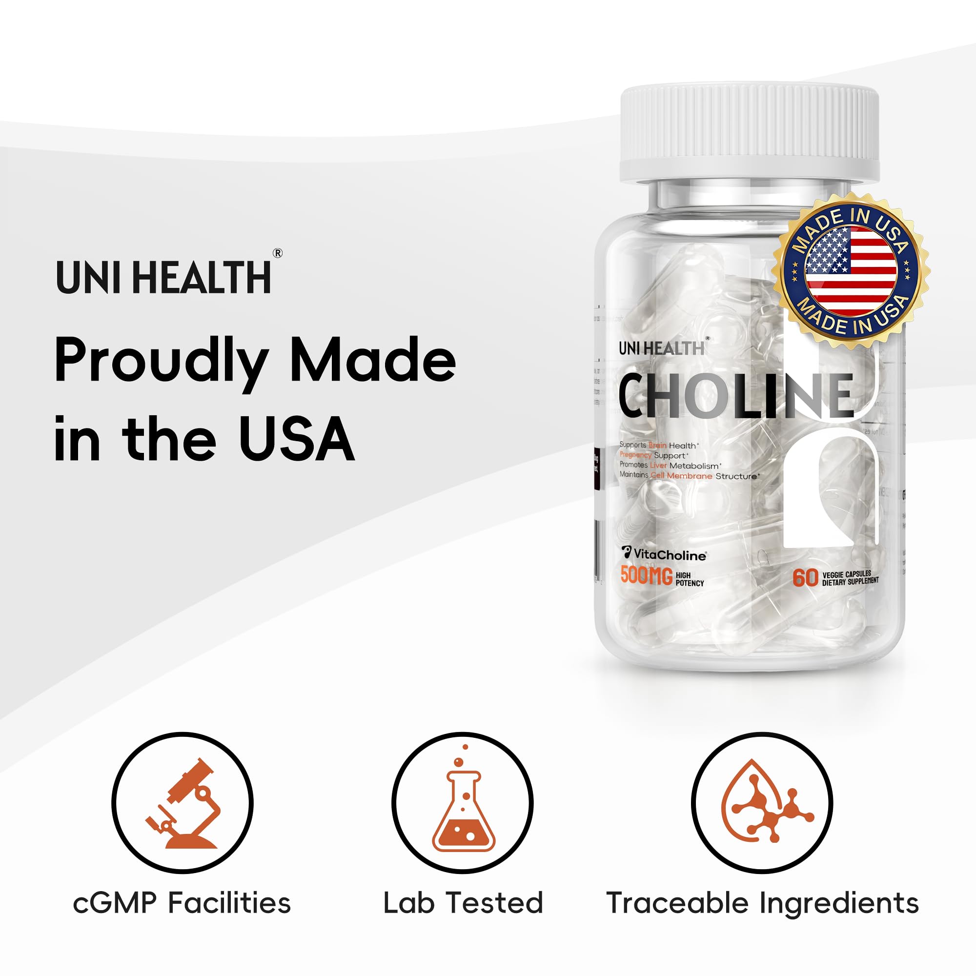 UniHealth® Choline 500 mg with VitaCholine®, 60-Day Supply, Liquid Vegan Capsules for Prenatal Choline Supplement, Brain Health, Cognitive Performance & Liver Support, Non-GMO, Gluten-Free, USA Made — Amazon image 8