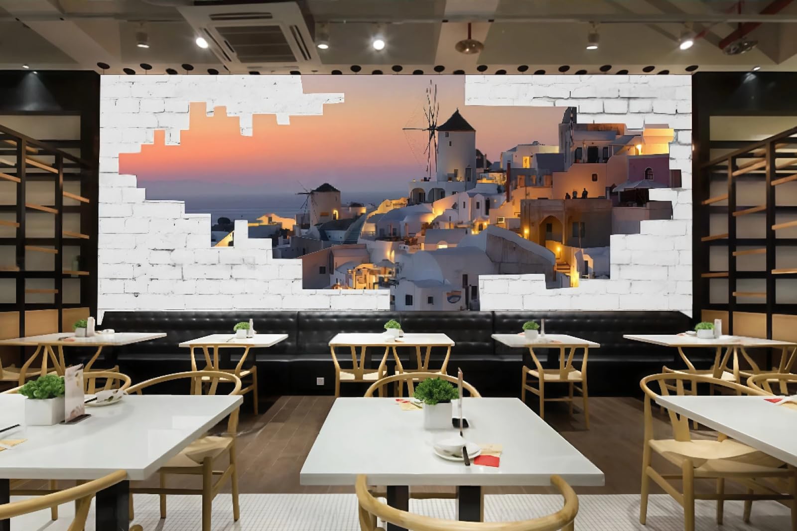 Xdoubao 3D Wallpaper Fashion White Brick Wall Three-Dimensional Sea Building Night Scene Art Dessert Coffee Shop Background Mural Western Restaurant Wallpaper,,150X105cm
