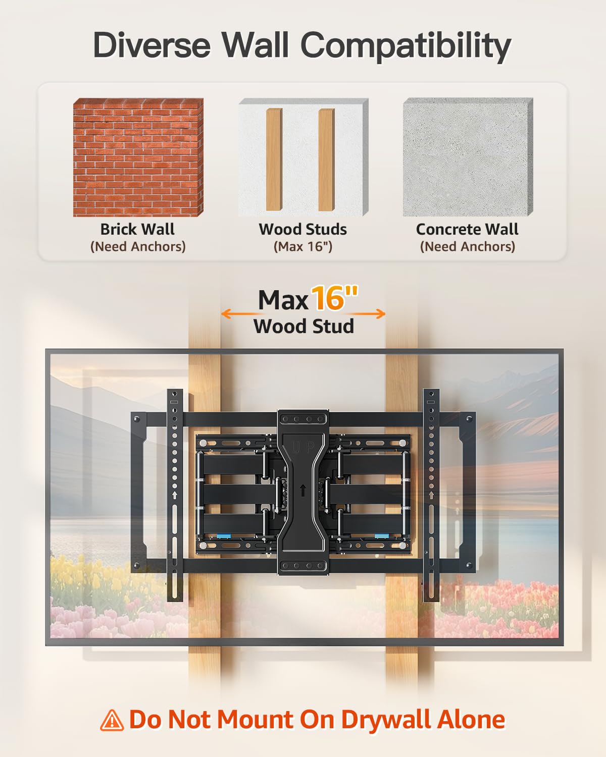 ELIVED Staffa TV ultra sottile da 2,8 cm per TV da 37-90 pollici, Staffa TV pesante 60 kg, Supporto TV a parete girevole snodabile, VESA max 600x400mm, adatto per montanti in legno 16"