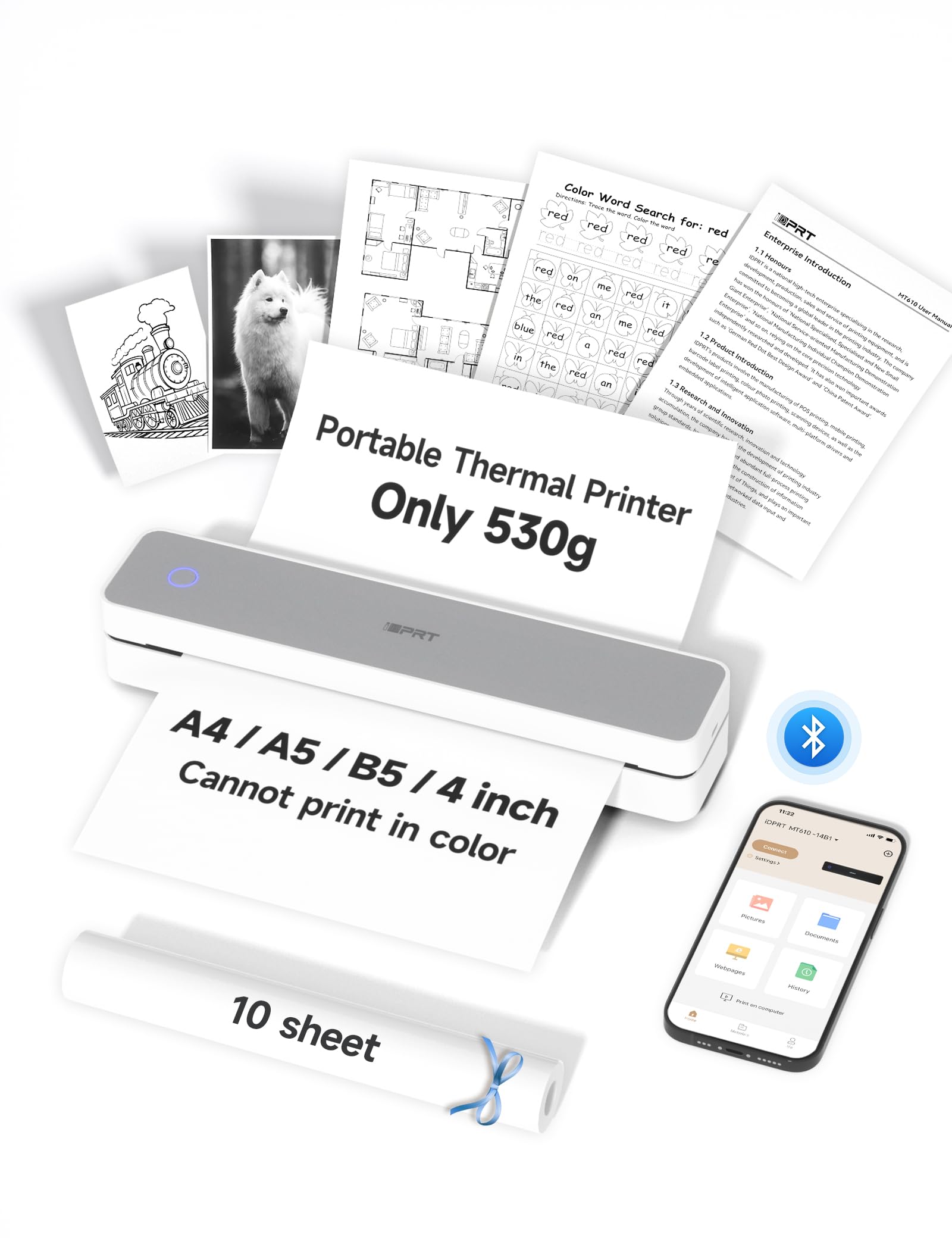 iDPRT MT610 Portable Thermal Printer, 300DPI HD Mobile-Travel-Printers, Inkless-Wireless-Small-Printer for Home Use, Office, Vehicles, Bluetooth