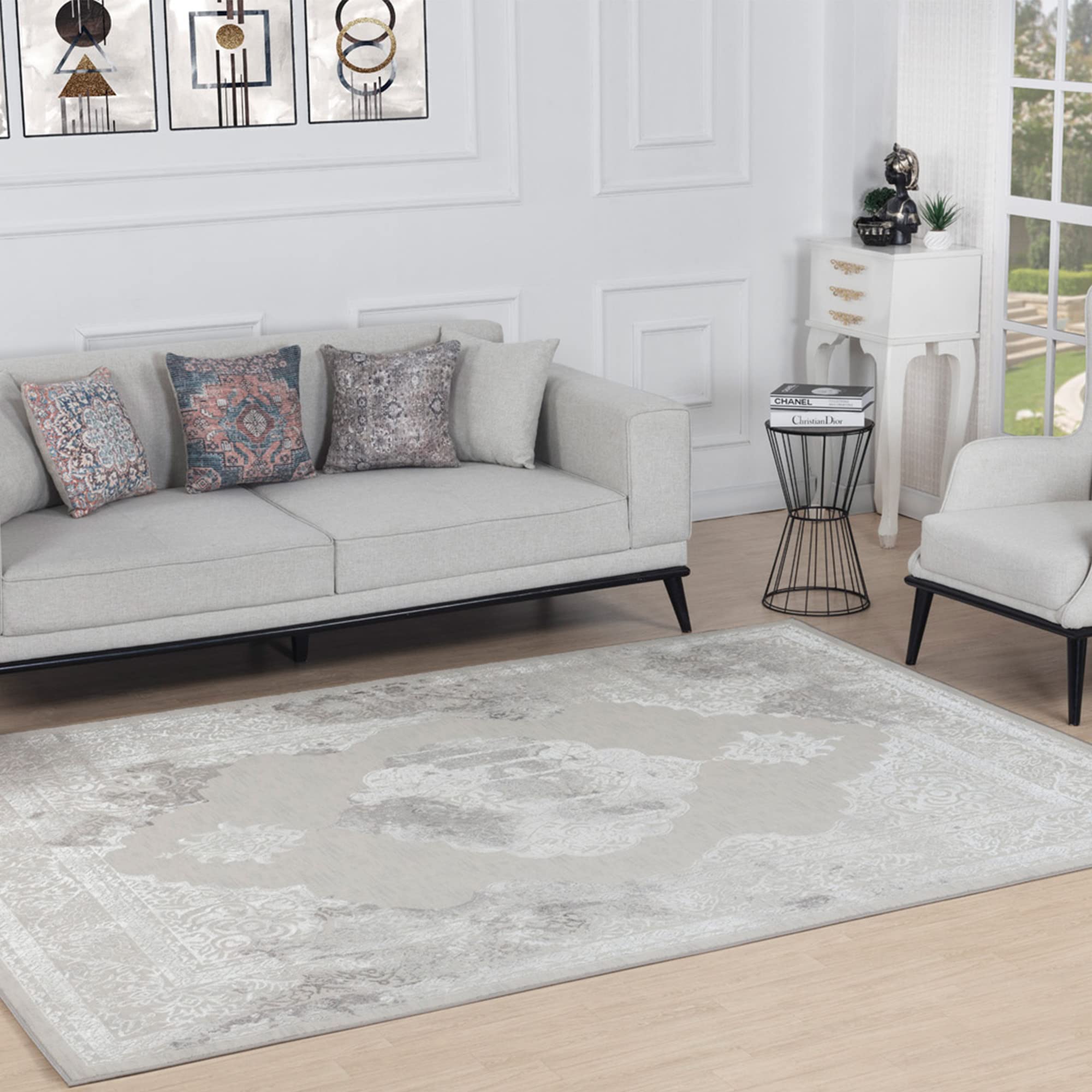 Livabliss Tangier Vintage Rug - Area Rugs for Living Room 120x170 cm, Bedroom - Scandi Neutral Rugs, Traditional Patterned Boho Style, Natural Easy Care Pile - Large Rug, Ivory