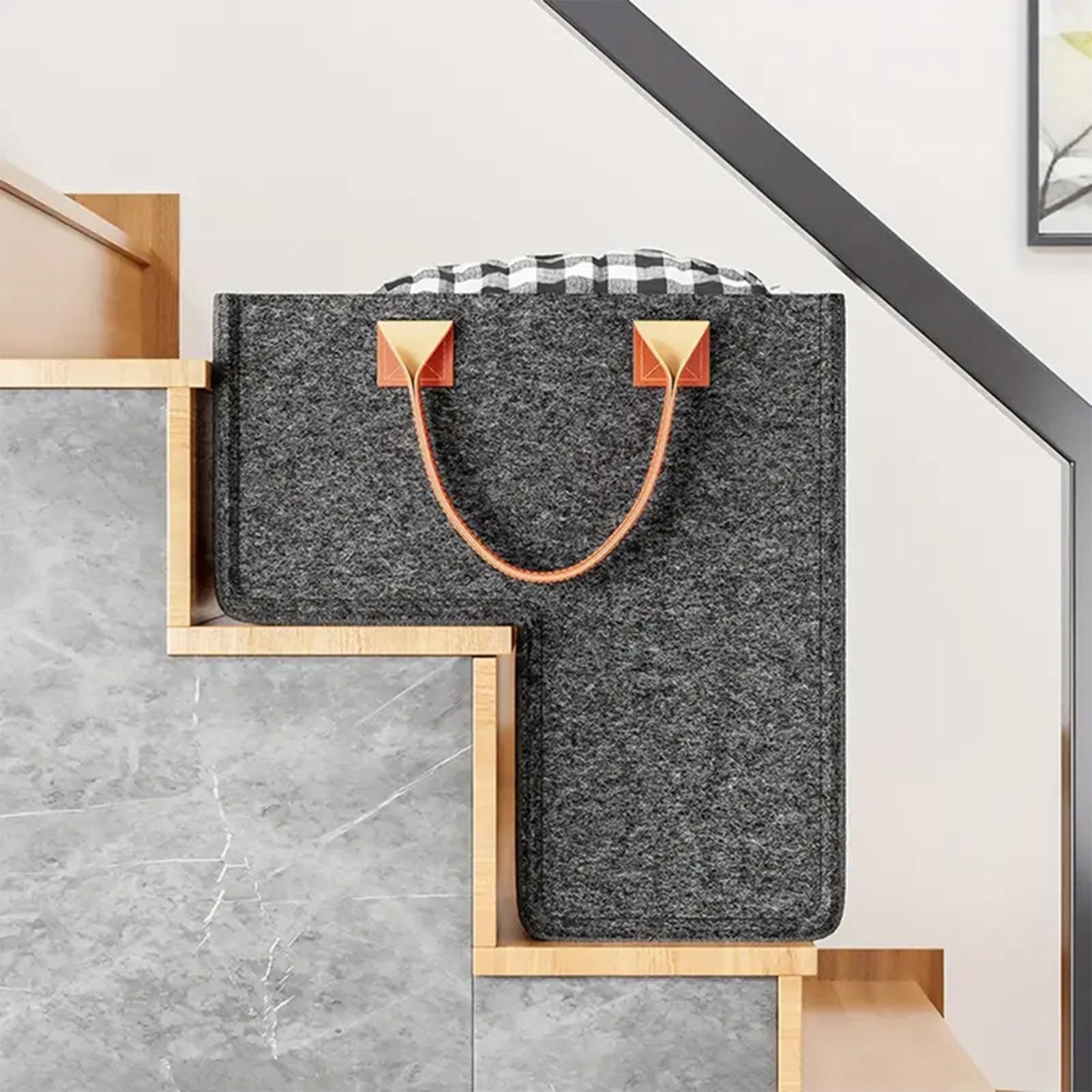 Stair Basket, L Shaped Basket Organizer, Large Staircase Tidy Storage Baskets Bin, Felt Stair Storage Bag With Faux Leather Handles, For Clothes, Toys, Shoes