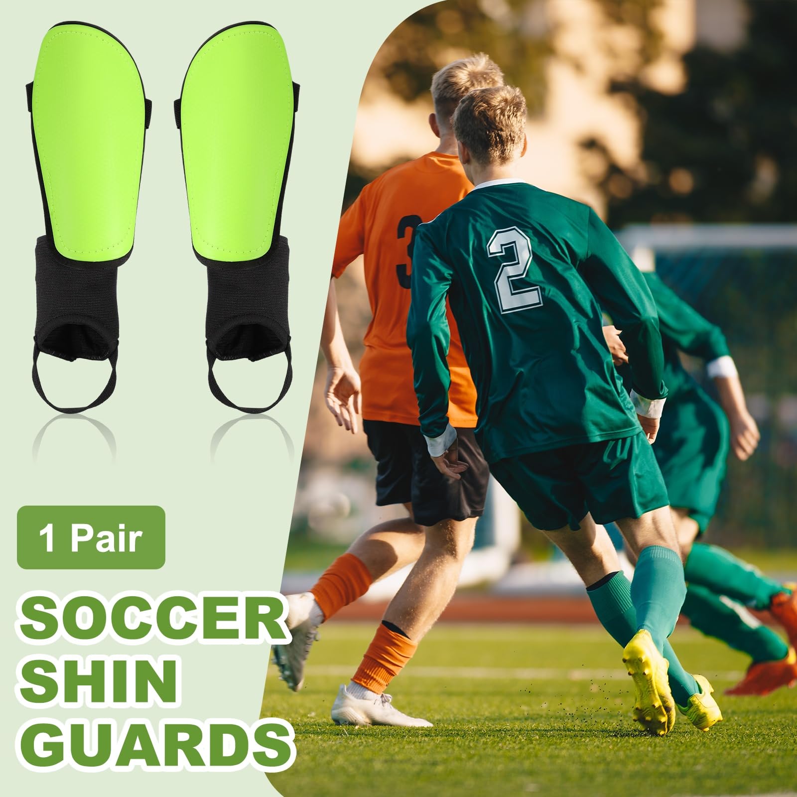 Espinilleras de fútbol, almohadillas de EVA con protección para el tobillo, aptas para adultos jóvenes, mujeres y hombres, entrenamiento, tamaño XL y verde fluorescente