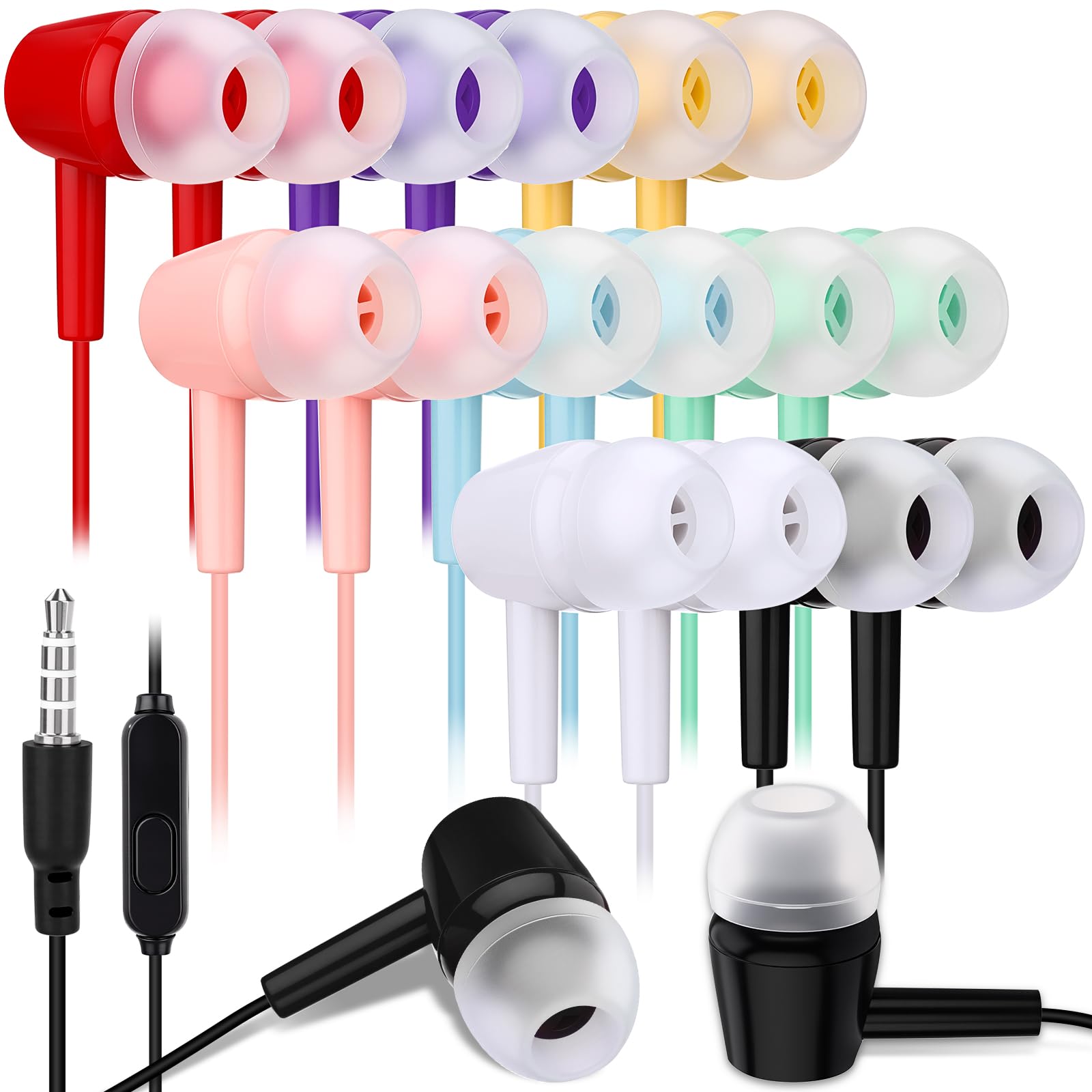 Xinnun Confezione da 50 auricolari con microfono, per studenti, con cavo, con spina da 3,5 mm, per bambini e adulti, scuola, biblioteca, museo, viaggi, aereo, tablet (classici, multicolori)