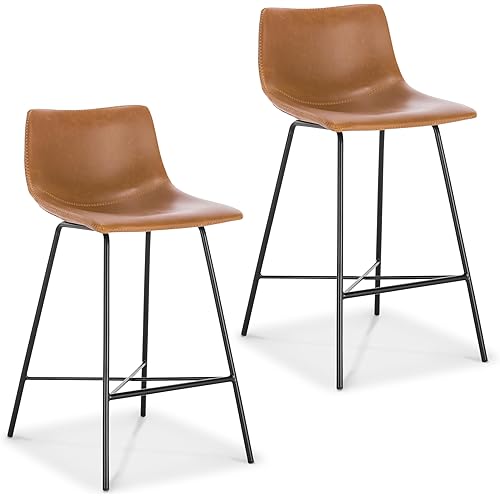 POLY & BARK Paxton Leather Counter Stools 24 Inches – Set of 2 - Counter Height Bar Stools with Back – Modern Barstools for Kitchen Island or Counters – Faux Leather & Matte Black Steel Base – Tan