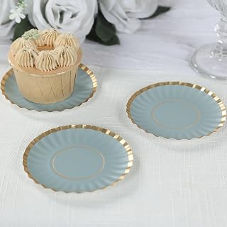 Efavormart 50 Pack 3.5" Gold Scalloped Rim Mini Paper Party Plates in Dusty Blue, Disposable Round Tapas Dessert Plates - 250 GSM