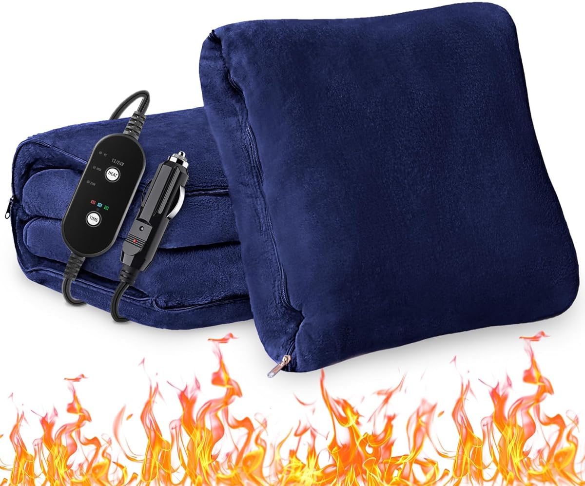 Sino Salected Car Heated Blanket, 12/24V Portable Heated Blanket for Car, Machine Washable Flannel Travel Blanket, 3 Heating Levels, 60x44 Inches, 4-in-1 Design, Convenient for Camping,Navy Blue