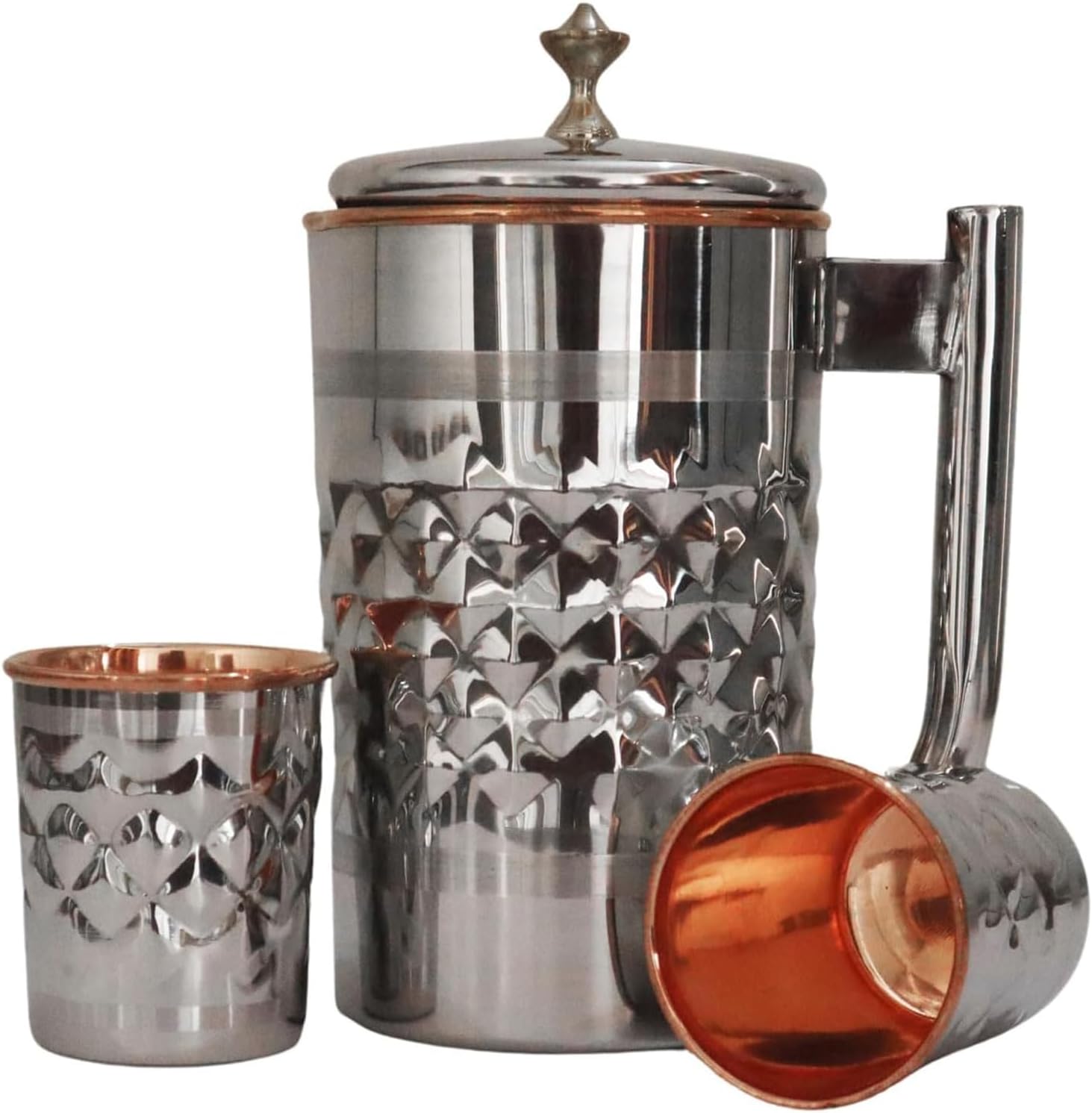 Stainless Steel & Pure Copper Water Pitcher with 2 Tumblers (1.7 L / 57.48 fl oz) | Diamond Pattern | Ayurvedic Health Benefits, Handcrafted Copper Steel Jug Set for Home & Gifting