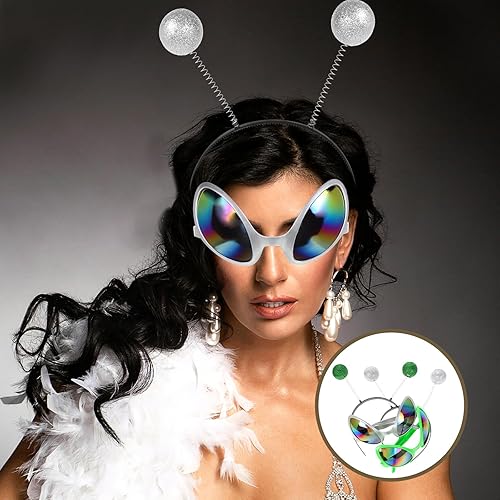 Miniatura 8 de Juego de 4 lentes alienígenas y diadema de antena, lentes de sol de color arcoíris, lentes plateados con diadema para adultos y regalos de fiesta de