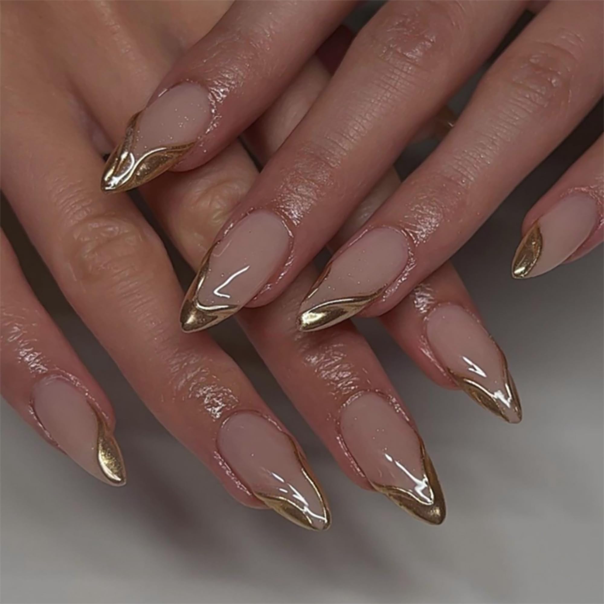 KaleidNail Nude Almond Press on Nails 24 PCS Glossy Gold False Nails Medium Length Fake Nails Full Cover Stick on Nails Art for Women and Girls Daily Decoration