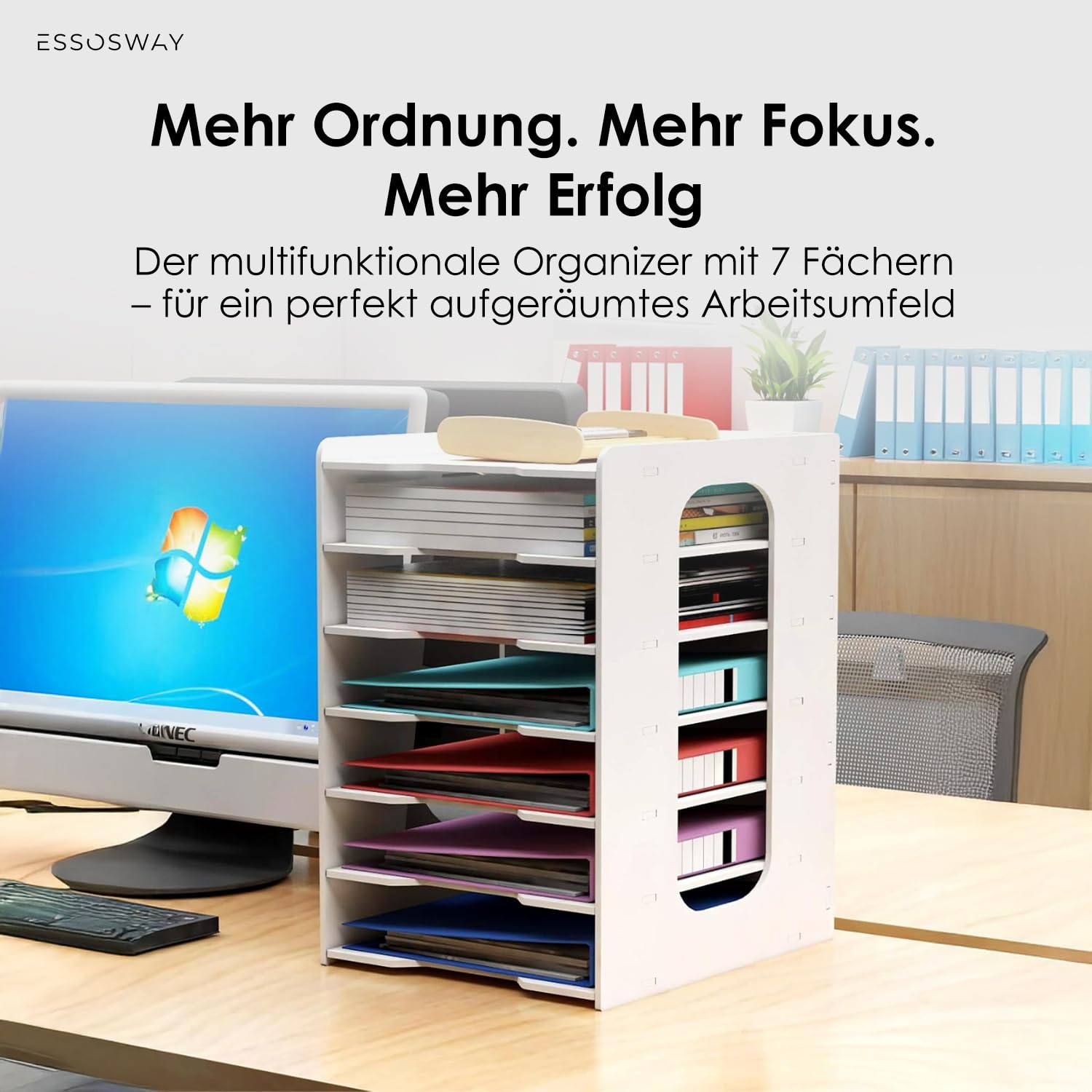 Schreibtisch Organizer - A4 Dokumentenablage - mit Ablagefächer und Stiftehalter - 7 Schubladen - Büro Home Office Zubehör - Weiß