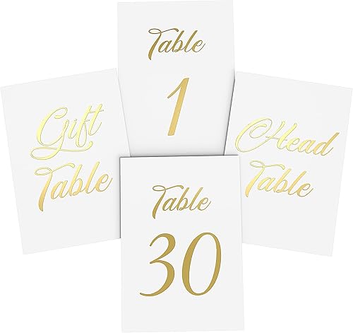 Números de mesa dorados del 1 al 30 para recepción de boda, tarjetas de números de mesa de aluminio dorado de 4 x 6 pulgadas con cabeza y mesa de