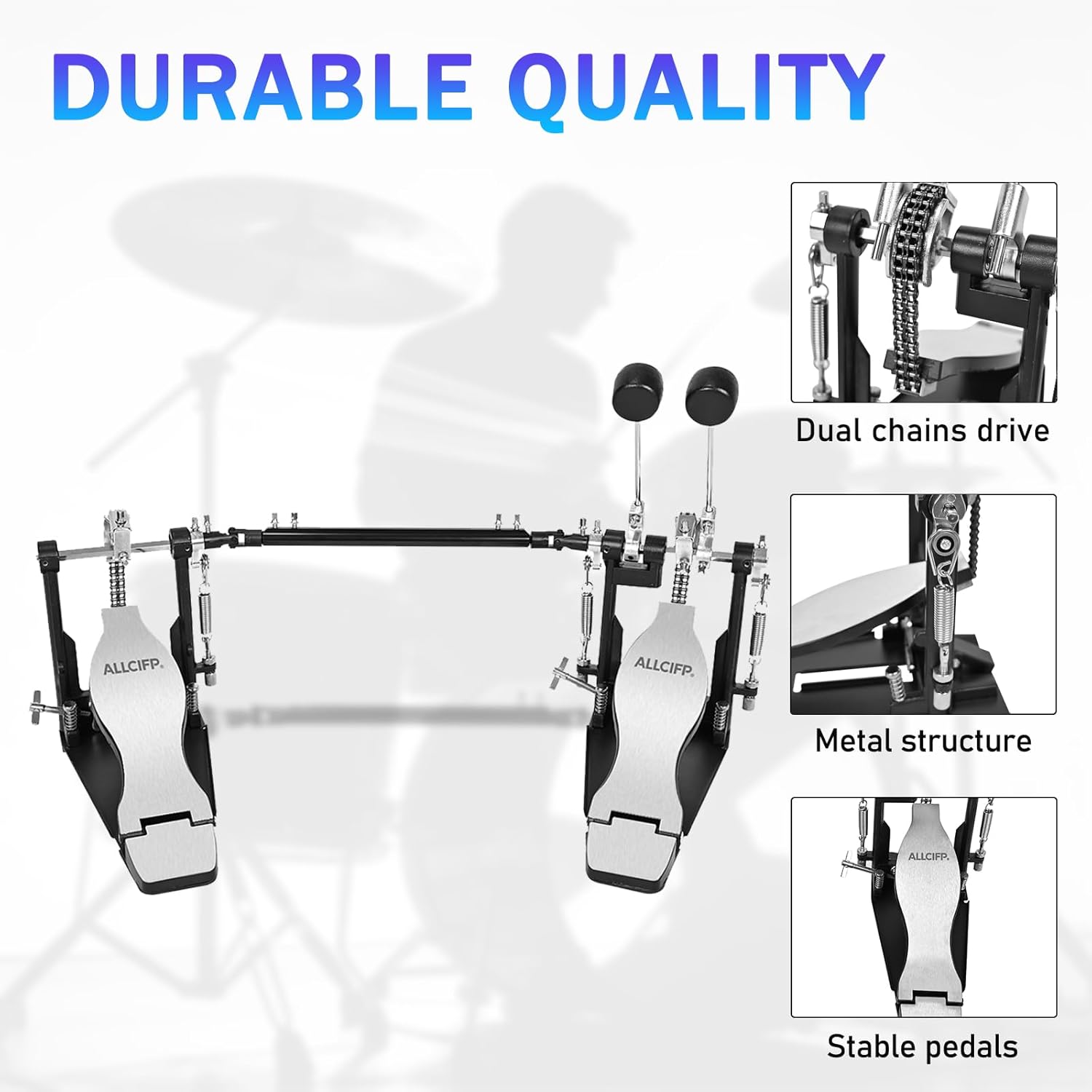 Double Bass Drum Pedal, Double Kick Pedals for Acoustic Electric Drum Kit, with Dual Chain Drive, Brushed Metal Footboard, Electric Plated Finish, Fit for Beginner Practice, by ALLCIFP