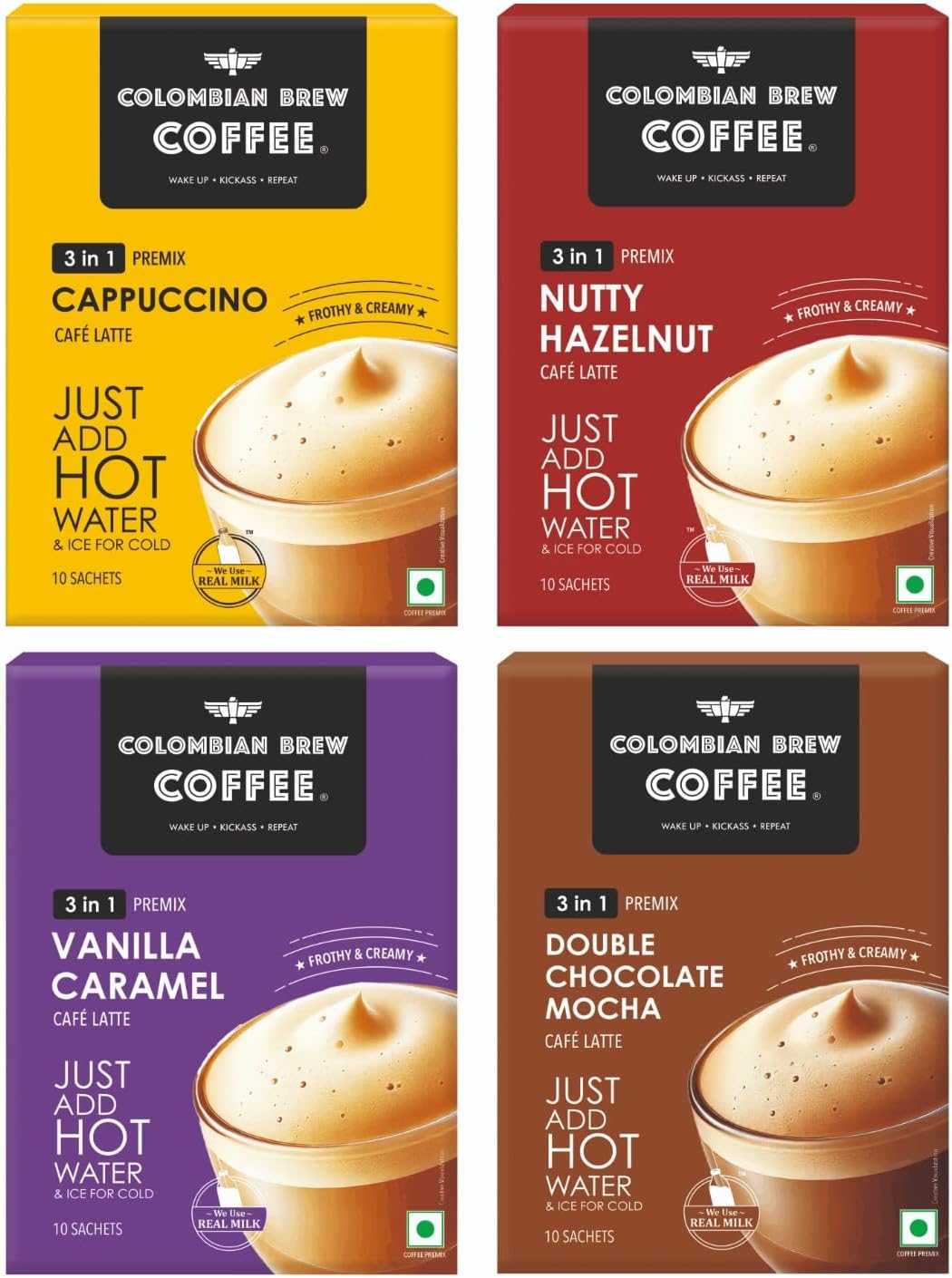 Colombian Brew 3 in 1 Assorted Instant Coffee Premix Café Latte, Cappuccino, Hazelnut, Vanilla Caramel, Double Choco Mocha, 8 Sachets Box Buy 3 Get 1 Free