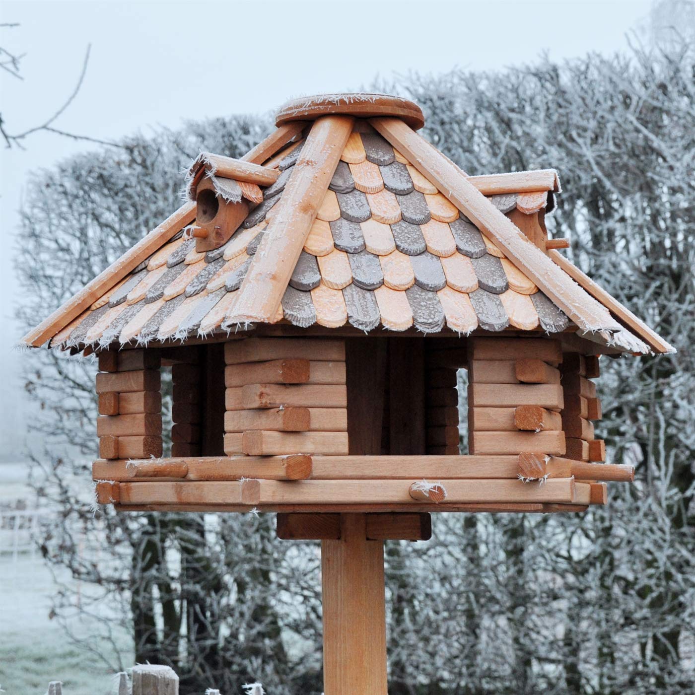 VOSS.garden Vogelhaus XXL Herbstlaub 70cm Durchmesser inklusive großem Standfuß, insg. 1,45 Hoch Vogelfutterstation, Vogelhäuschen