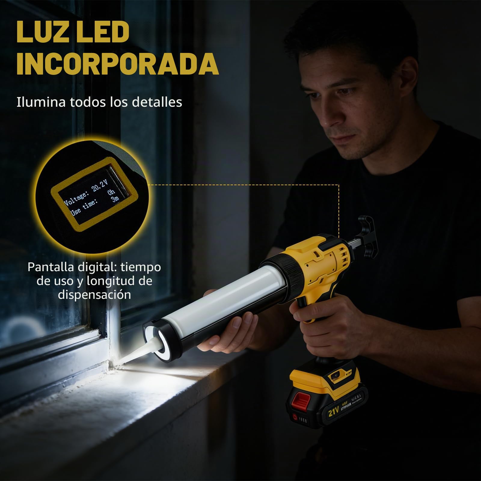 Pistola Silicona Eléctrica, Inalámbrica Pistola de Cartuchos de batería con 2 x 2000 mAh, 6 velocidades, luz LED, Kit de boquillas para calafatear, Pantalla LCD para Cartuchos de 300 ml