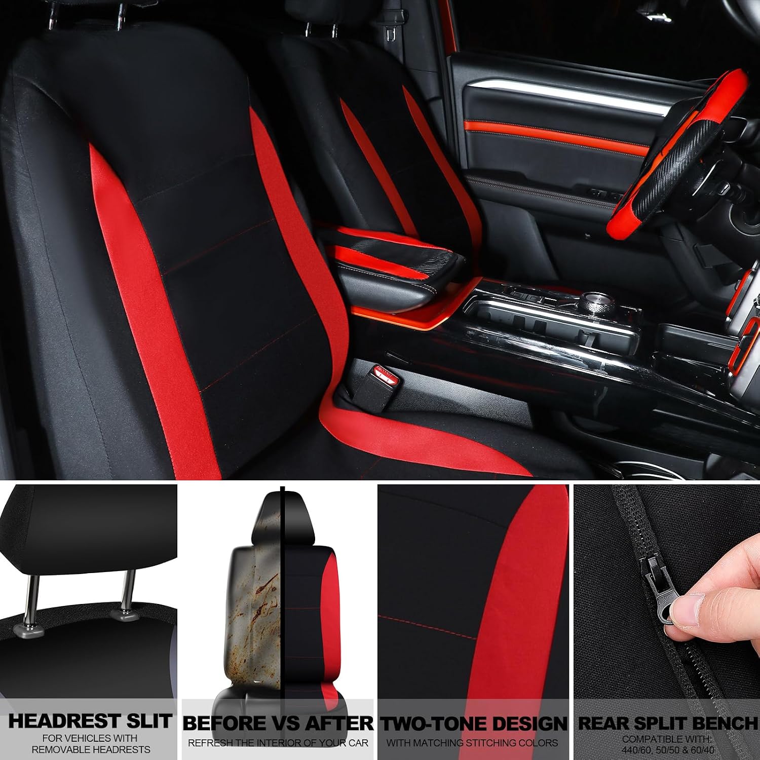 Estune 41 Pcs Black Red Car Accessories Set Automotive Seat Covers Steering Wheel Cover Seat Belt Pad Shift Sleeve Start Button Rings Armrest Cup Holders Vent Outlet Trim Scraper for Auto Interior