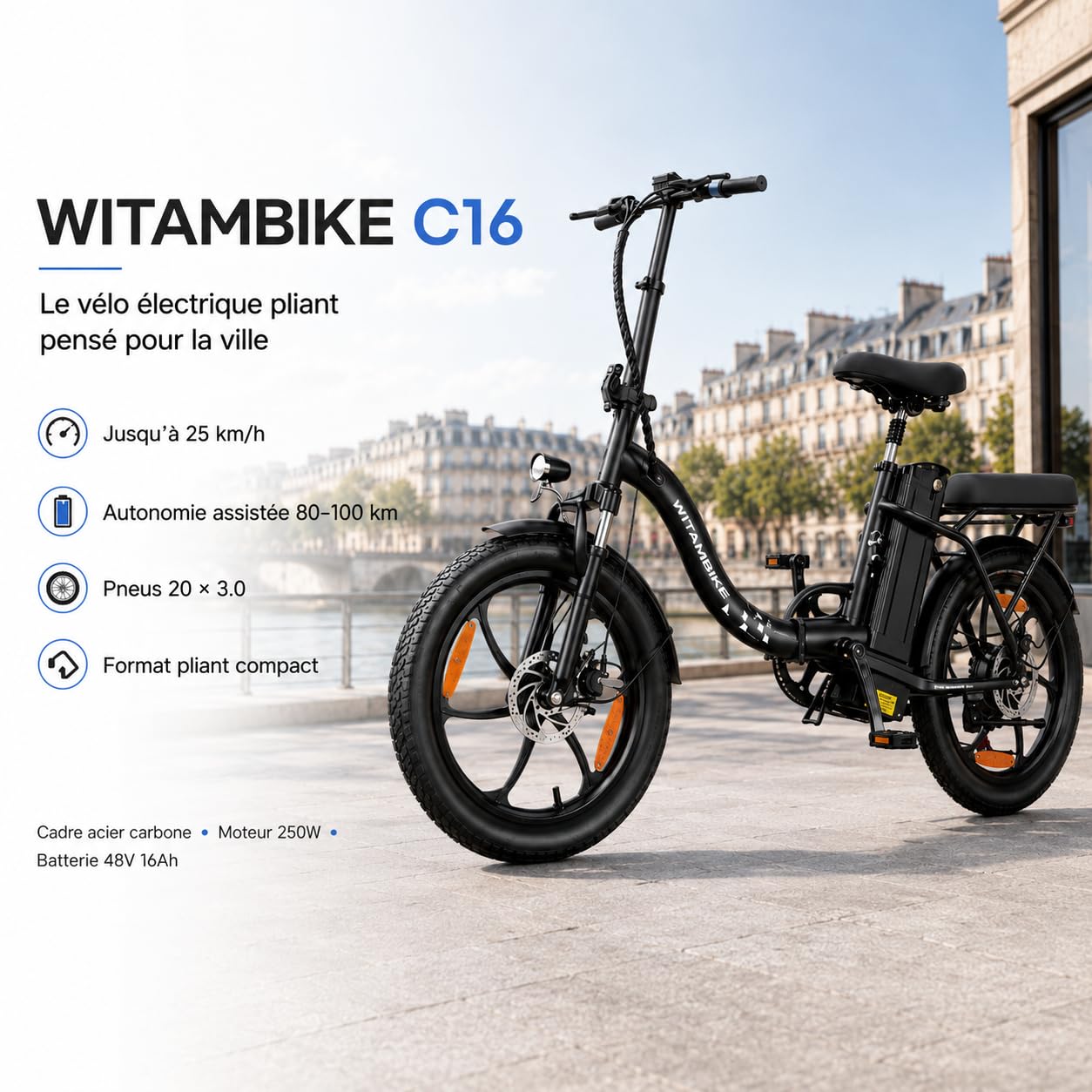 Bici Elettrica Pieghevole ，250W E-Bike da 48V 16AH 80-100KM biciclette pieghevoli elettriche，per adulti Bicicletta Elettrica con Ammortizzatore e Cambio 7 Velocità per Uomo Donna