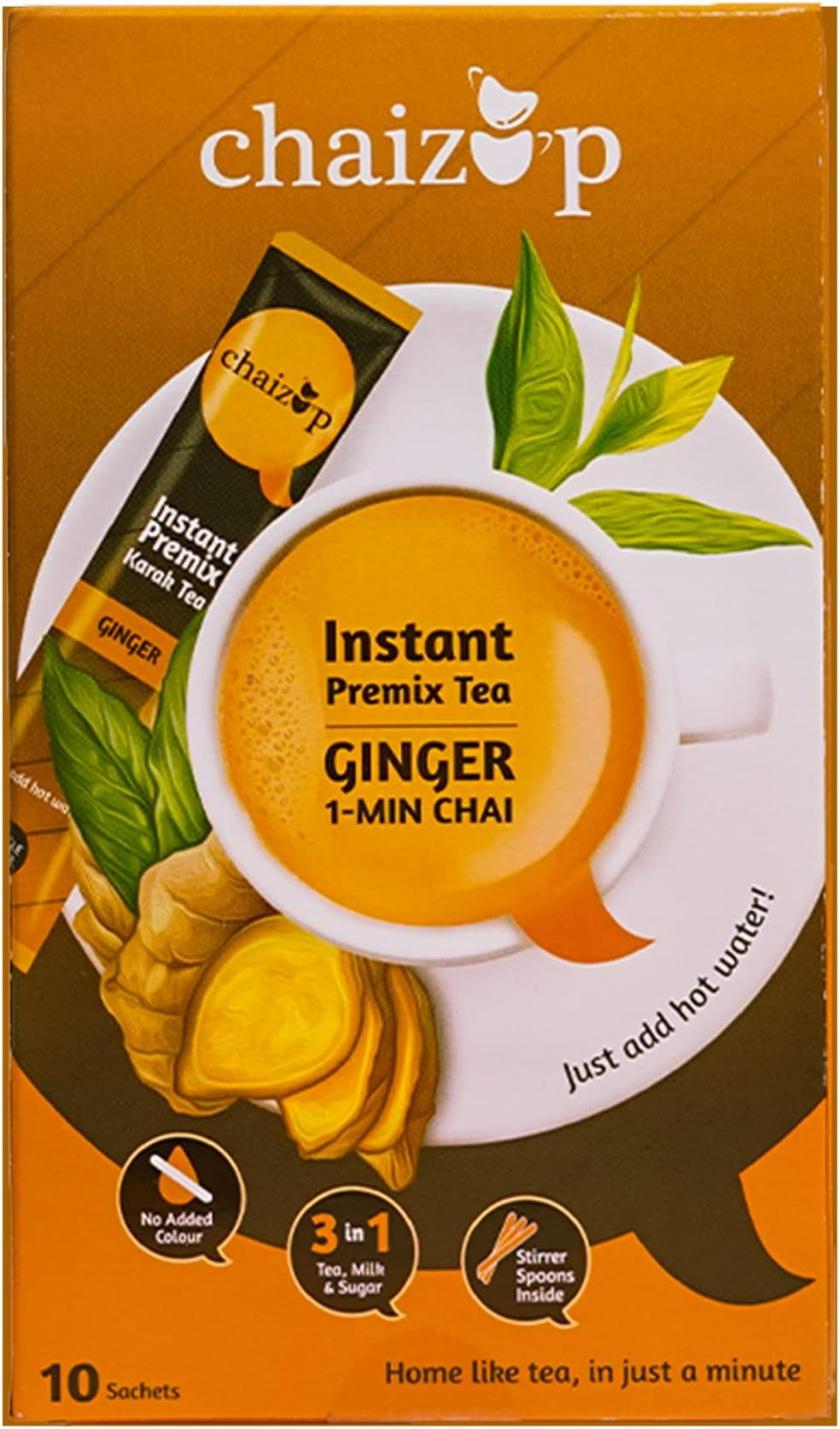 Chaizup Instant Premix Ginger Tea | Karak Chai with Adrak & Low Sugar | Ginger Flavor | 10 Sachets | Adrak Chai | Masala Ginger Tea Powder | Premix Tea | Desi Chai