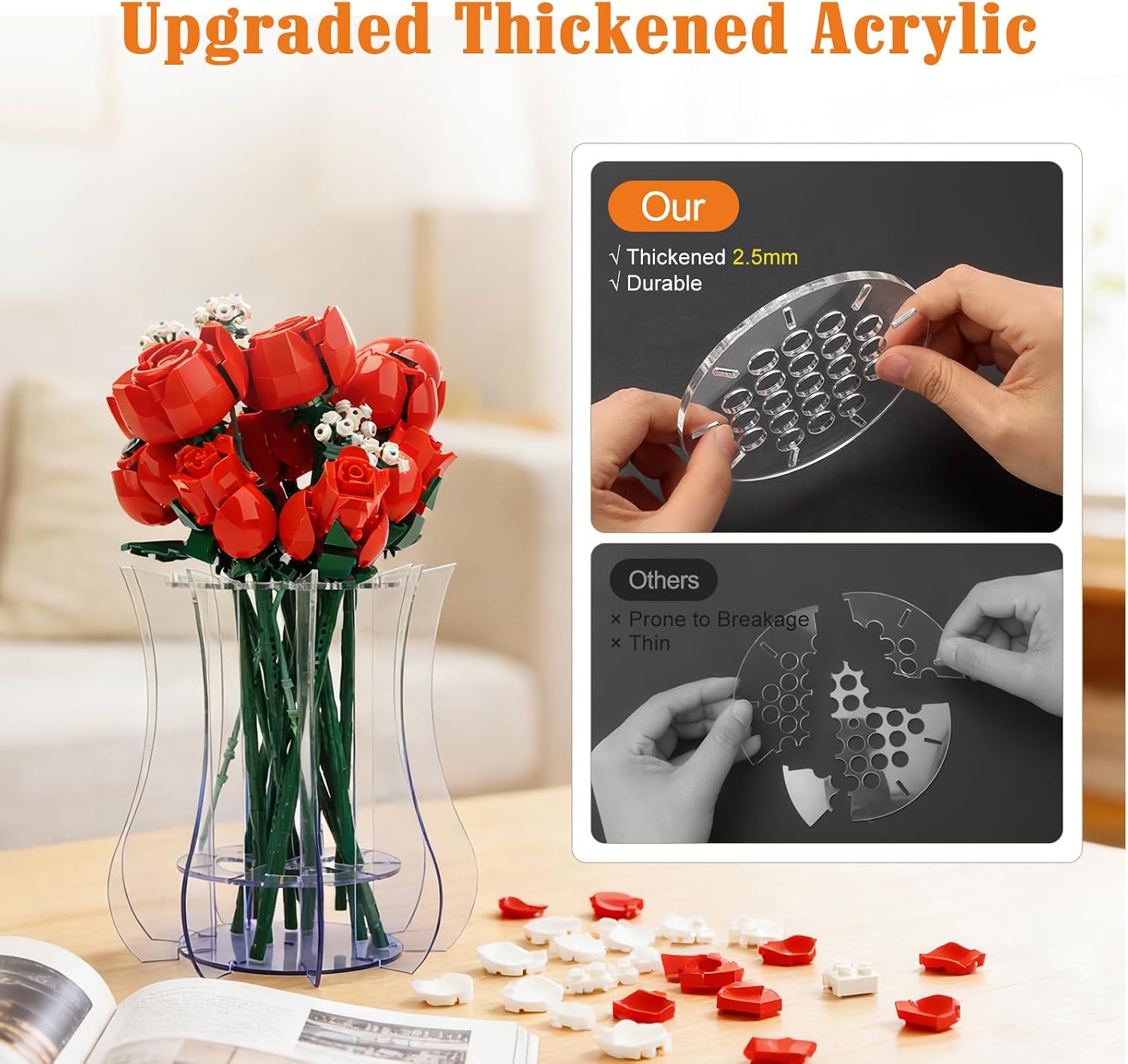 Upgraded Acrylic Vase for Lego Flowers - Thickened Sturdy Display Stand & Holder for Lego Flower Bouquet Building Set, Botanical Collection, Roses & Orchids | Larger Hole Arrangement Design (Clear)