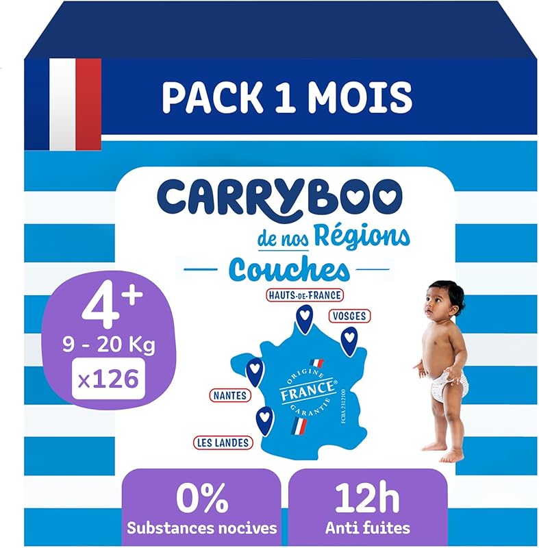 CARRYBOO - Couches Taille 4+ (9-20kg) - Saines et Ultra Absorbantes - 12h Anti Fuites - Sans substan