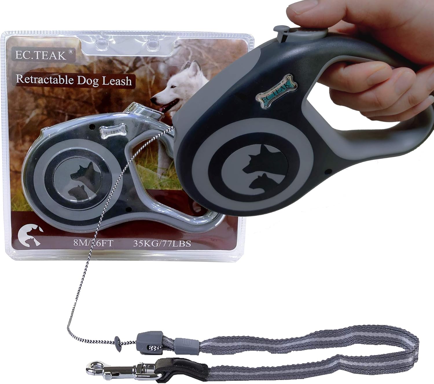 EC.TEAK Retractable Dog Leash, 26FT Dog Walking Leash for Medium Large Dogs up to 77lbs, One Button Break & Lock, Heavy Duty No Tangle. Grey, Large : Pet Supplies