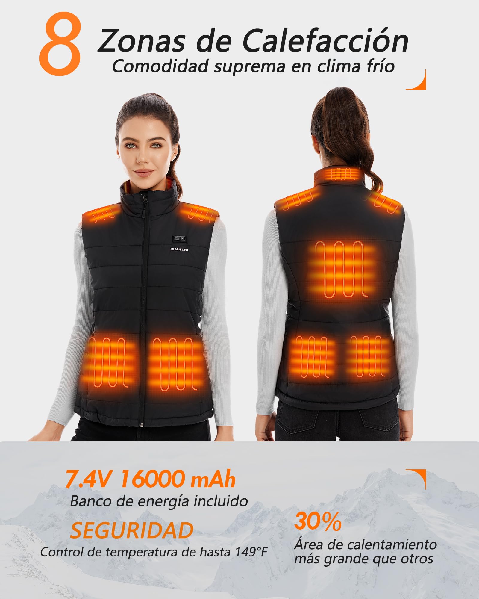 Chaleco calefactable, Chaleco Calefactable Mujer con Batería de 16000 mAh 3.7V, Chaleco Térmico con 8 Zonas de Calor, Chaleco Calefactable para Esquiar/Caminar al Aire Libre