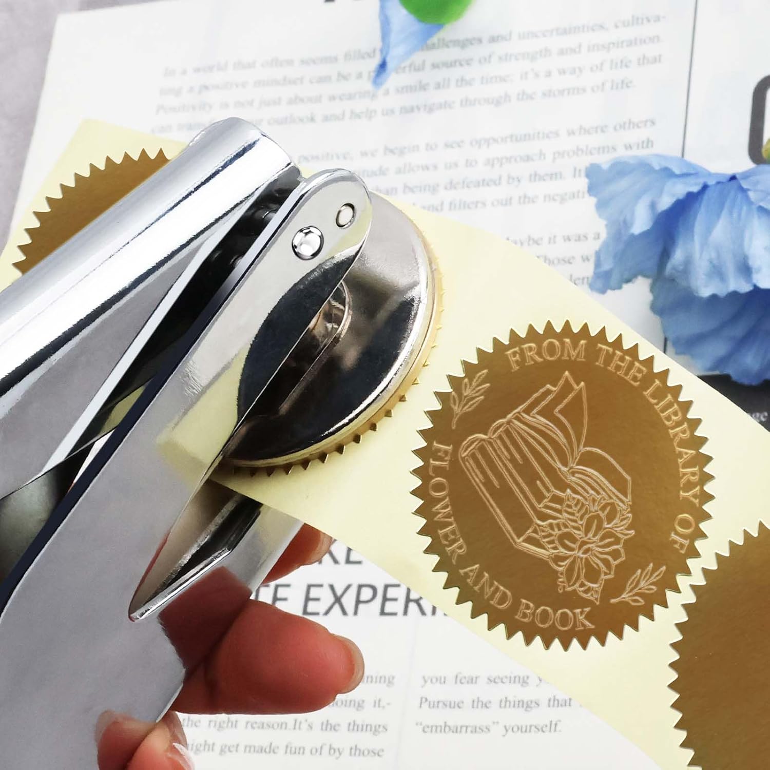 Silver Book Embosser Kit for Wedding Invitations, Journals Decor, Library Embosser Stamp Tool with Storage Box & 10 Pcs Gold Stickers, Gift for Book Lovers(Flower)