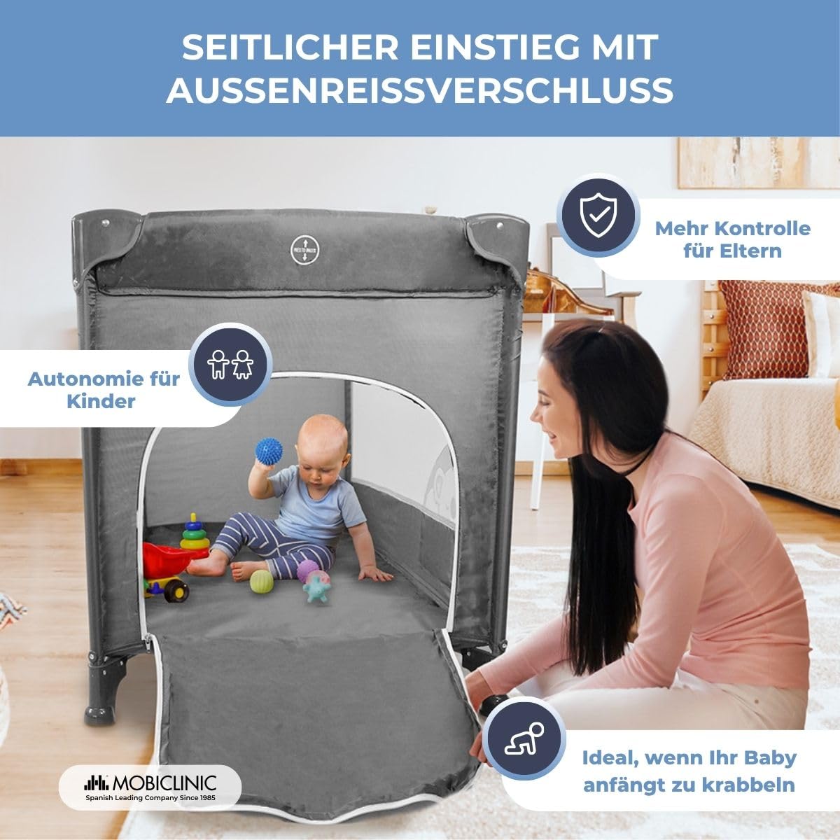 Mobiclinic®, Babybett, 2-in-1, Kinderbett und Laufstall, Faltbar, mit Tragetasche, Herausnehmbare Matratze, Reisebett, Atmungsaktives Gewebe, Seiteneingang mit Reißverschluss, Bis zu 15kg, Mofli