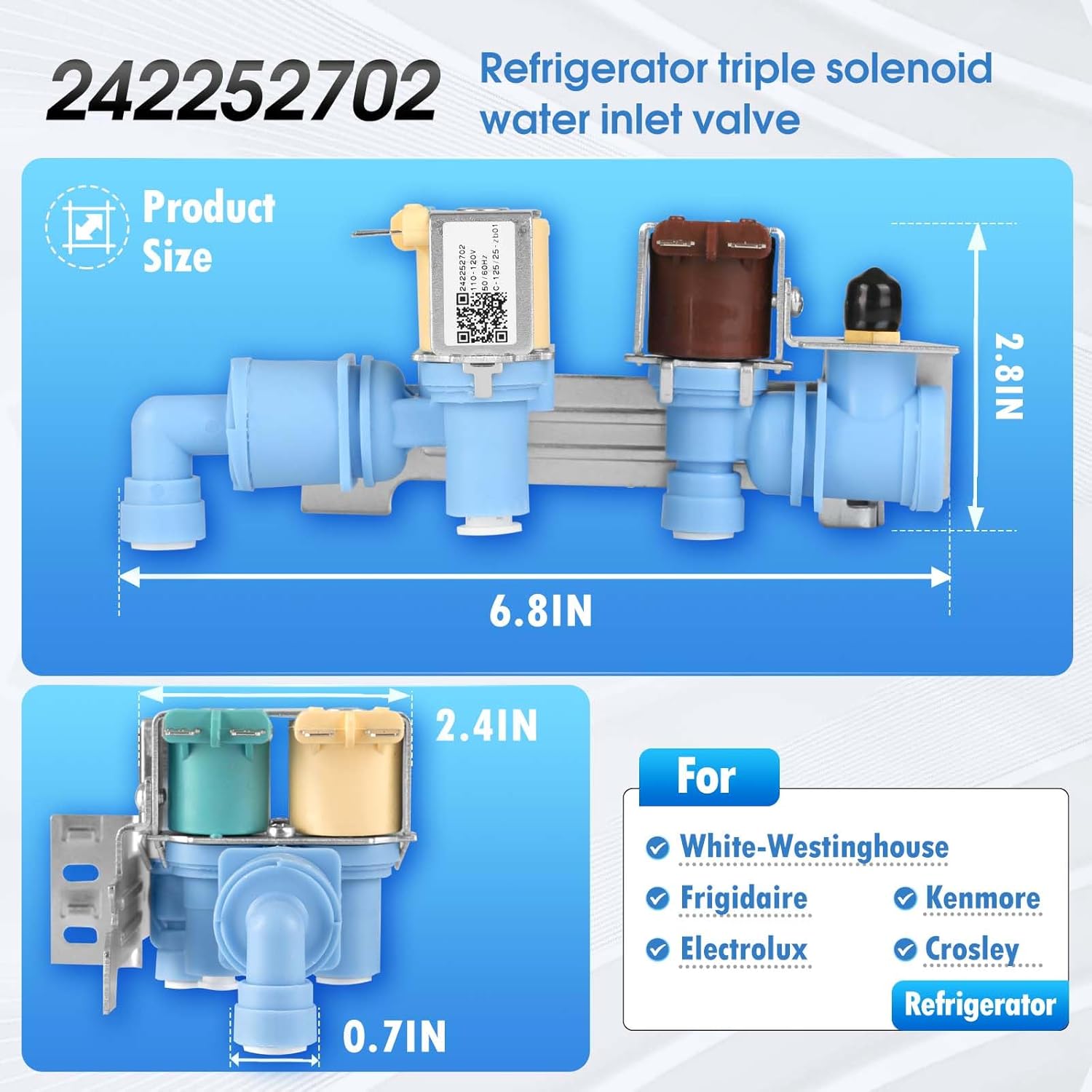 242252702 Refrigerator Triple Solenoid Water Inlet Valve Compatible with Frigidaire Electrolux Kenmore Crosley and White-Westinghouse, Replacement Part AP5671757 PS7784018 EAP7784018 PD00000153