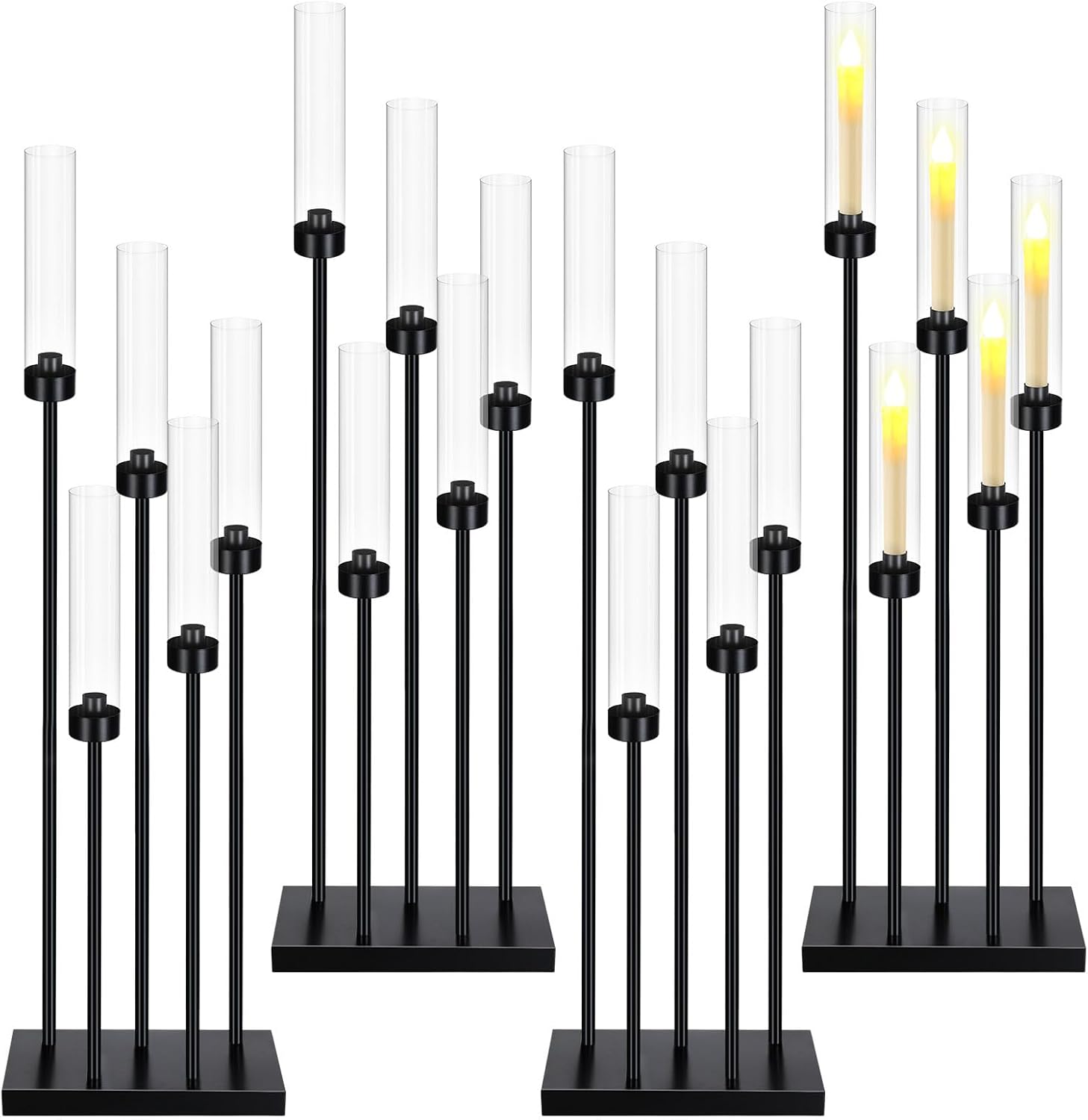 tessco for you 4 pcs halloween floor black candelabra table centerpieces 42.5'' 5 arm tall metal candle holder candlestick with acrylic lampshades pillar taper candle stand for wedding dining party black 4