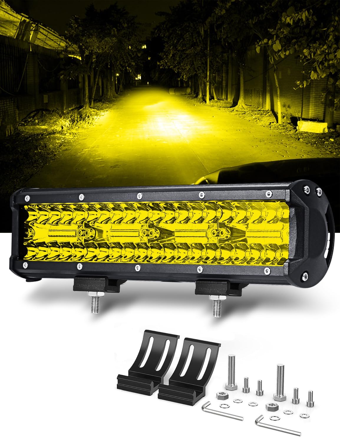 12 Inch Yellow Fog Lights 240W 24000LM Yellow LED Light Bar Offroad Spot Flood Combo Triple Row Driving Work Lamps Compatible with Jeep SUV ATV UTV Pickup Boat Marine