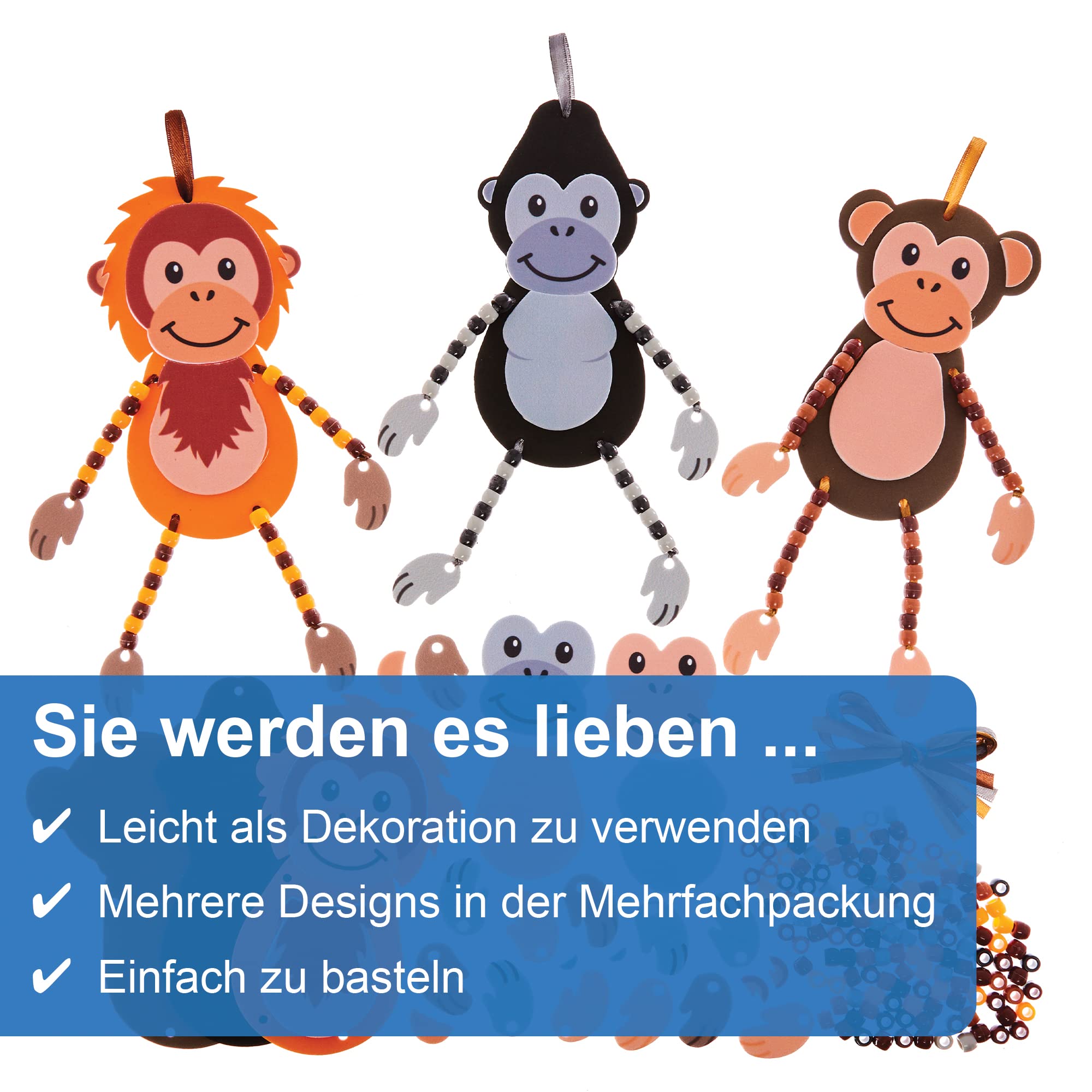 Baker Ross FX559 Bastelset – Schimpanse, Gorilla & Orang-Utan Aus Schaumstoff, 6er-Pack Mit Perlen