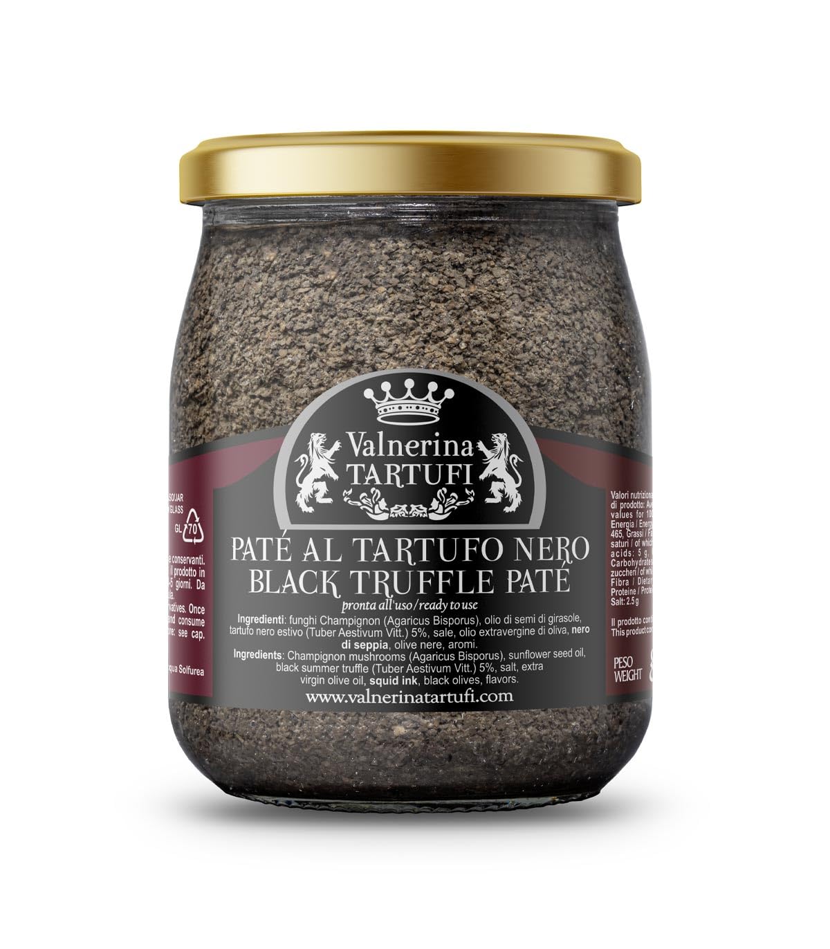 Valnerina Tartufi Paté à la Truffe Noire | Sauce aux Champignons, Truffe, Olives Noires | Pot 500 gr.