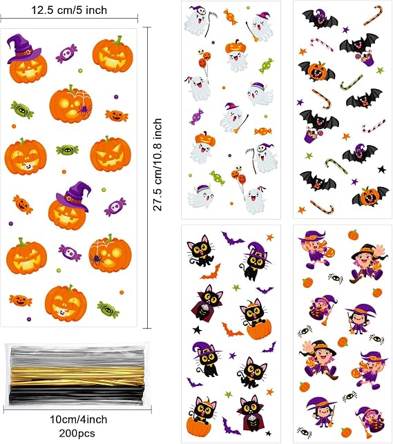 Pajean Halloween Cellophane Candy Bags with Twist Ties Bulk, 200 Pcs
