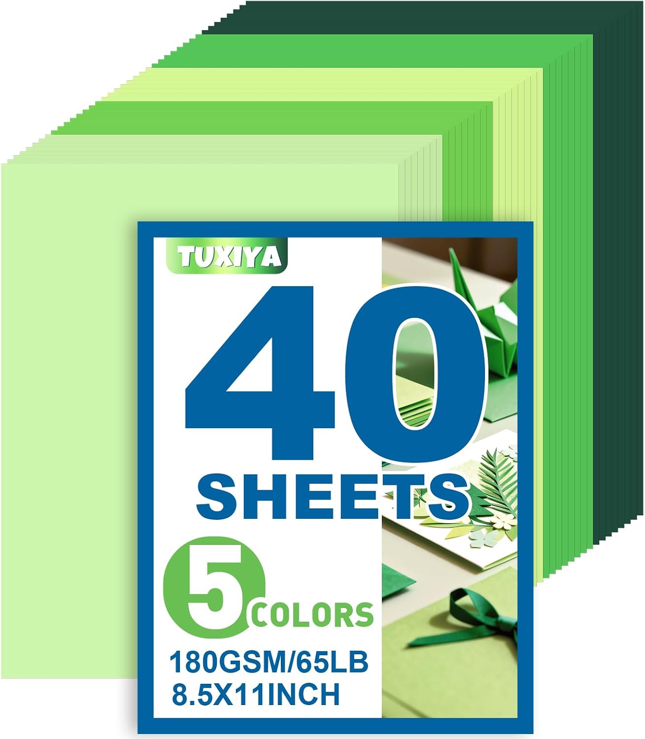 40 Sheets 8.5" x 11" Colored Cardstock, 5 Assorted Green Shades of 180GSM/65LB Construction Paper, Green Cardstock Printer Paper for Printing, Card Making, DIY Crafts, Party Decorations
