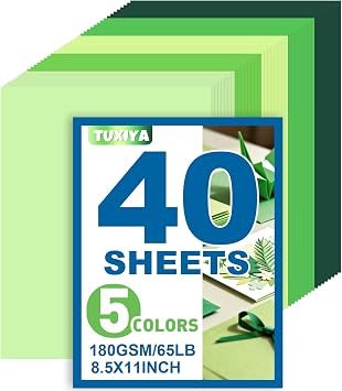 40 Sheets 8.5" x 11" Colored Cardstock, 5 Assorted Green Shades of 180GSM/65LB Construction Paper, Green Cardstock Printer Paper for Printing, Card Making, DIY Crafts, Party Decorations