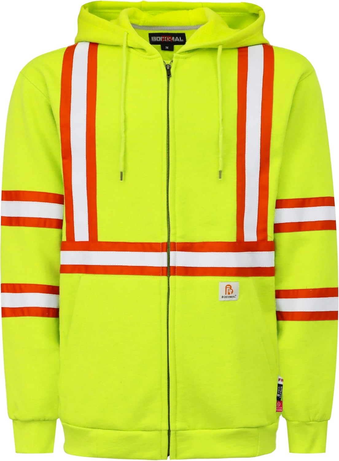 BOCOMAL FR Hoodies High Visibility 10.5oz Cottion Fleece Zipper Hi Vis Flame Resistant Reflective Hooded Sweatshirts