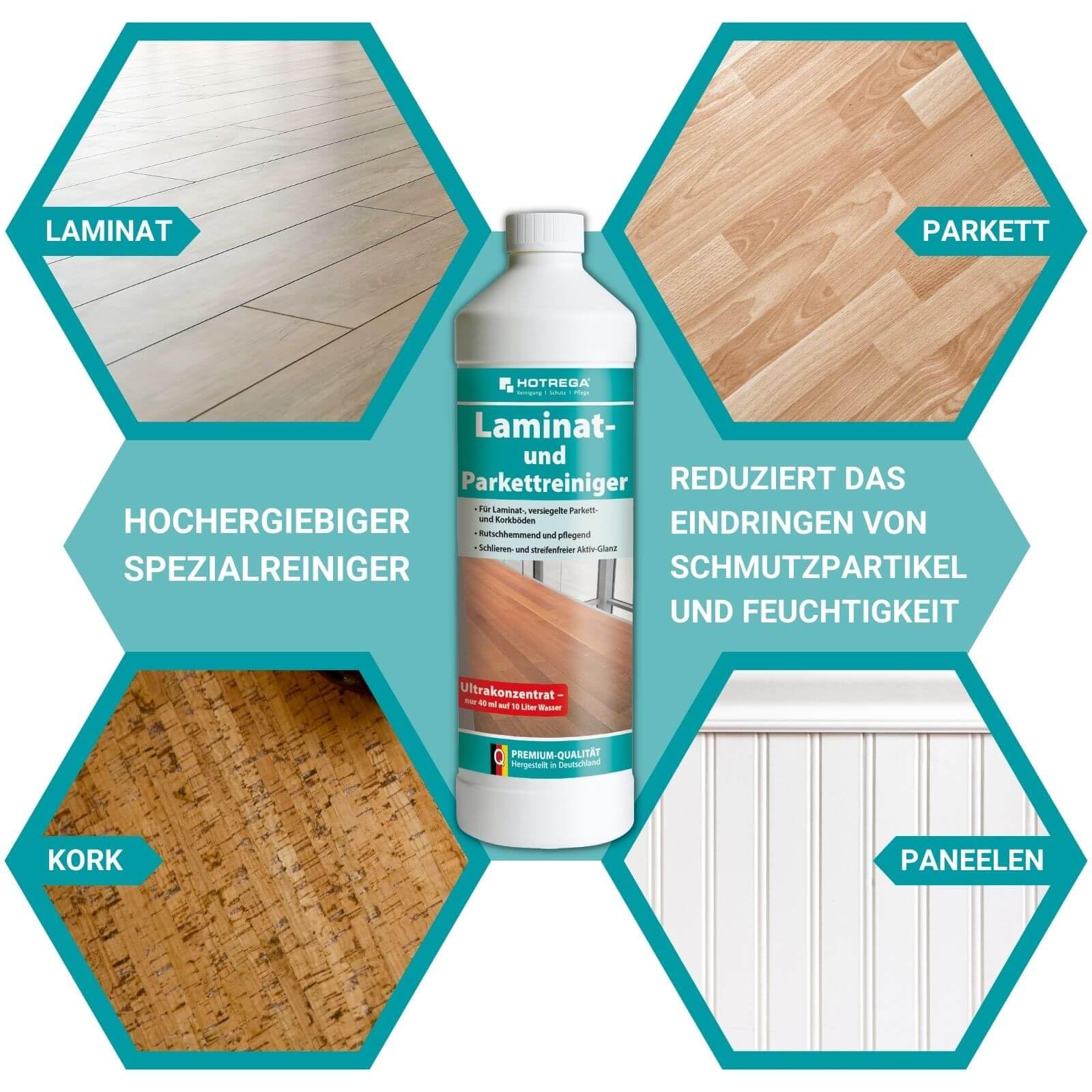 HOTREGA Laminat- & Parkettreiniger Konzentrat | 5x 1L Set | Wischpflege | Streifenfreie Reinigung für Korkböden | Rutschhemmend & Seidenmatt-Effekt | Schutz vor Feuchtigkeit & Abnutzung