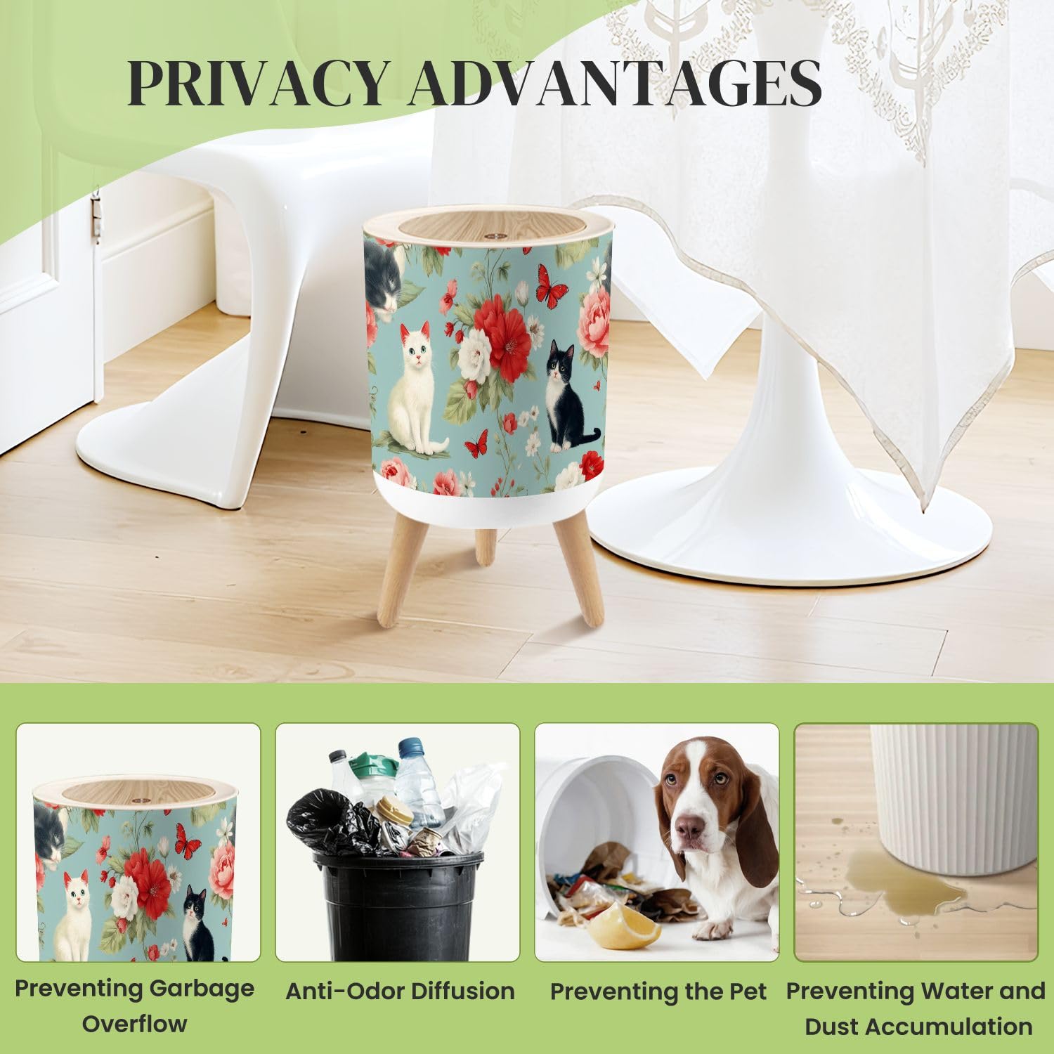Small Trash Can with Lid Cute Fluffy Cat Blue Floral Kids Room Nursery Kitten White Black Round Press Top Garbage Can with Legs Trash Bin Waste Basket for Kitchen Bedroom Bathroom 7L/1.8 Gallon